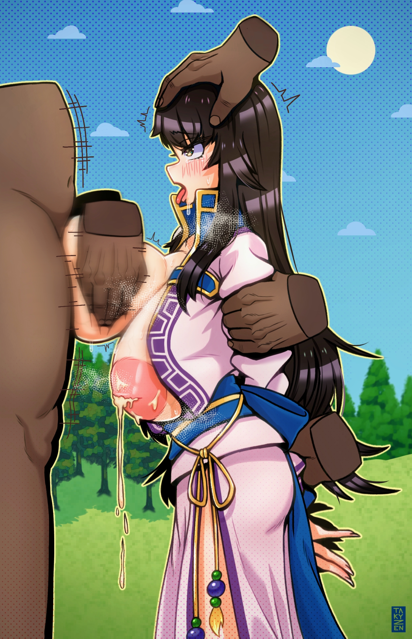 arm grab, arms behind back, bangs, bare legs, black hair, breasts, breasts out, crying, crying with eyes open, cum, cum in nipples, drooling, female, fire emblem, fire emblem: the blazing blade, hand on head, huge breasts, inverted nipples, japanese clothes, karla (fire emblem), long hair, male, nintendo, nipple penetration, nipples, outdoors, outercourse, paizuri, rape, restrained, saliva, takyzen, tongue, tongue out, yellow eyes