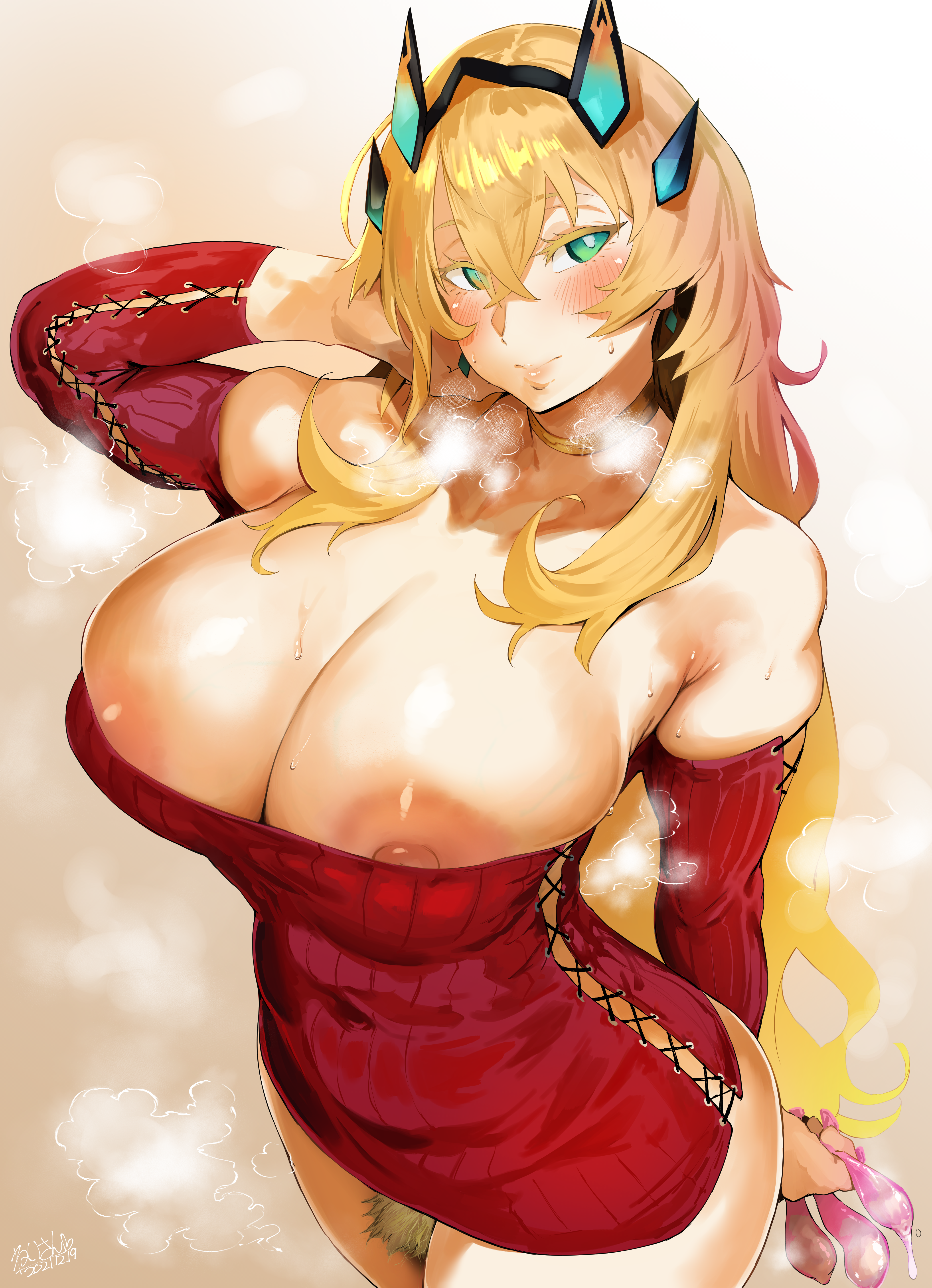 1girls, 2021, alternate version available, areola slip, areolae, arm up, armpits, artist signature, bare legs, barghest (gawain) (fate), blonde hair, blonde pubic hair, blush, breasts, clothed, clothed female, condom, erect nipples, fate (series), fate/grand order, female, female only, filled condom, green eyes, hair ornament, hero neisan, hi res, hips, holding condom, huge breasts, large areolae, long hair, looking at viewer, naughty face, nipples, no panties, no underwear, pubic hair, red sweater, simple background, slim waist, smile, steam, steaming body, suggestive look, sweat, sweater, sweaty body, thick thighs, thighs, tiara, very long hair, visible breath, wide hips