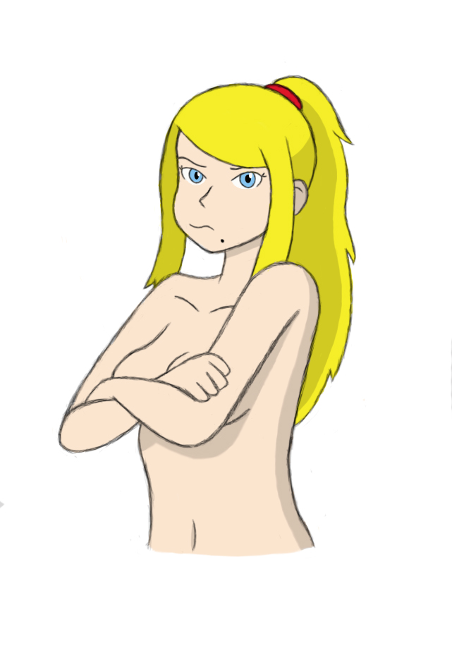 aquaraptor blonde_hair blue_eyes breasts covering_breasts female metroid nintendo samus_aran solo tagme topless