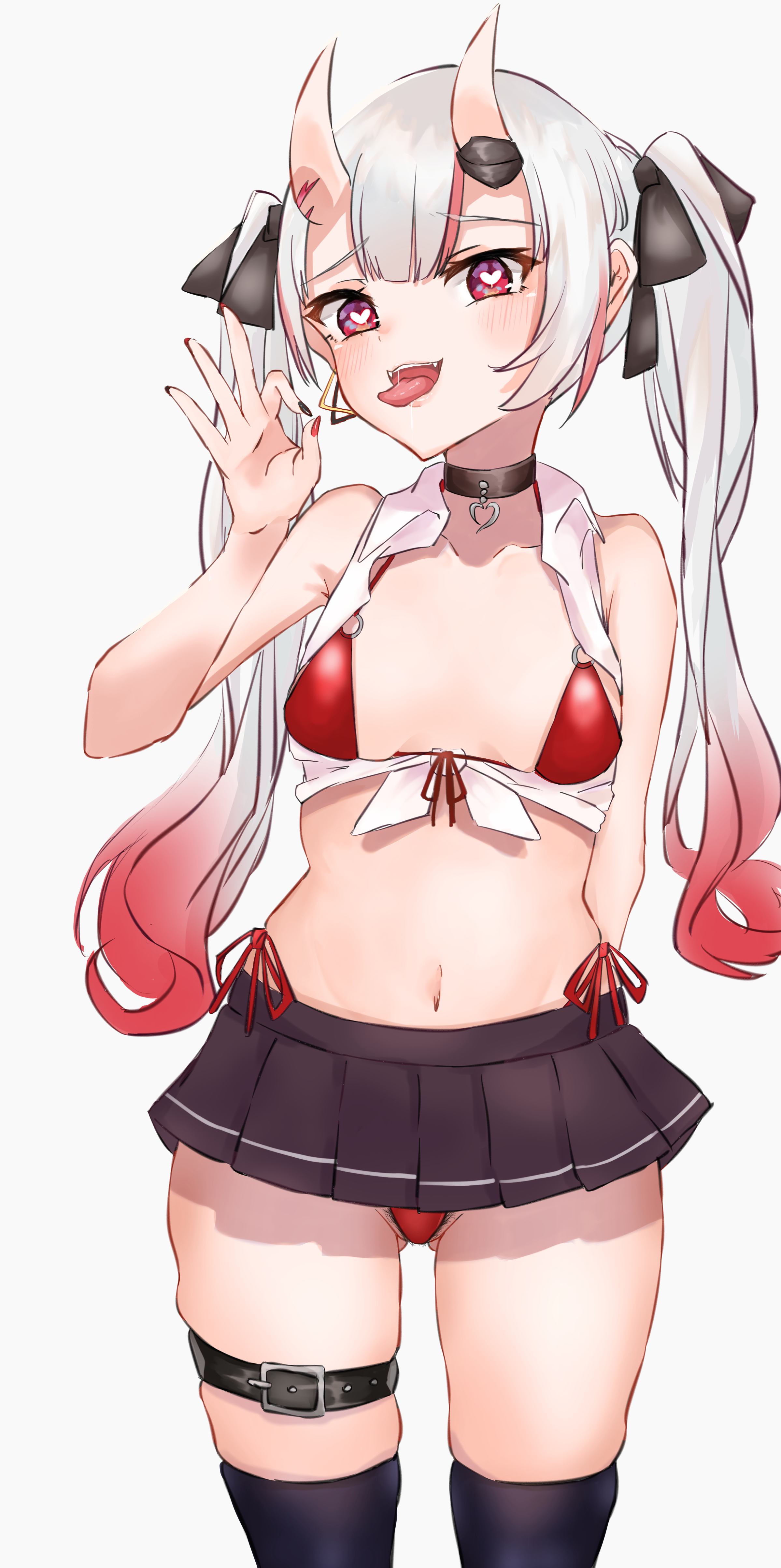 blowjob gesture, choker, fellatio gesture, heart-shaped pupils, hime apple, hololive, hololive gen 2, hololive japan, nakiri ayame, oni horns, red bikini, string panties, twintails, virtual youtuber