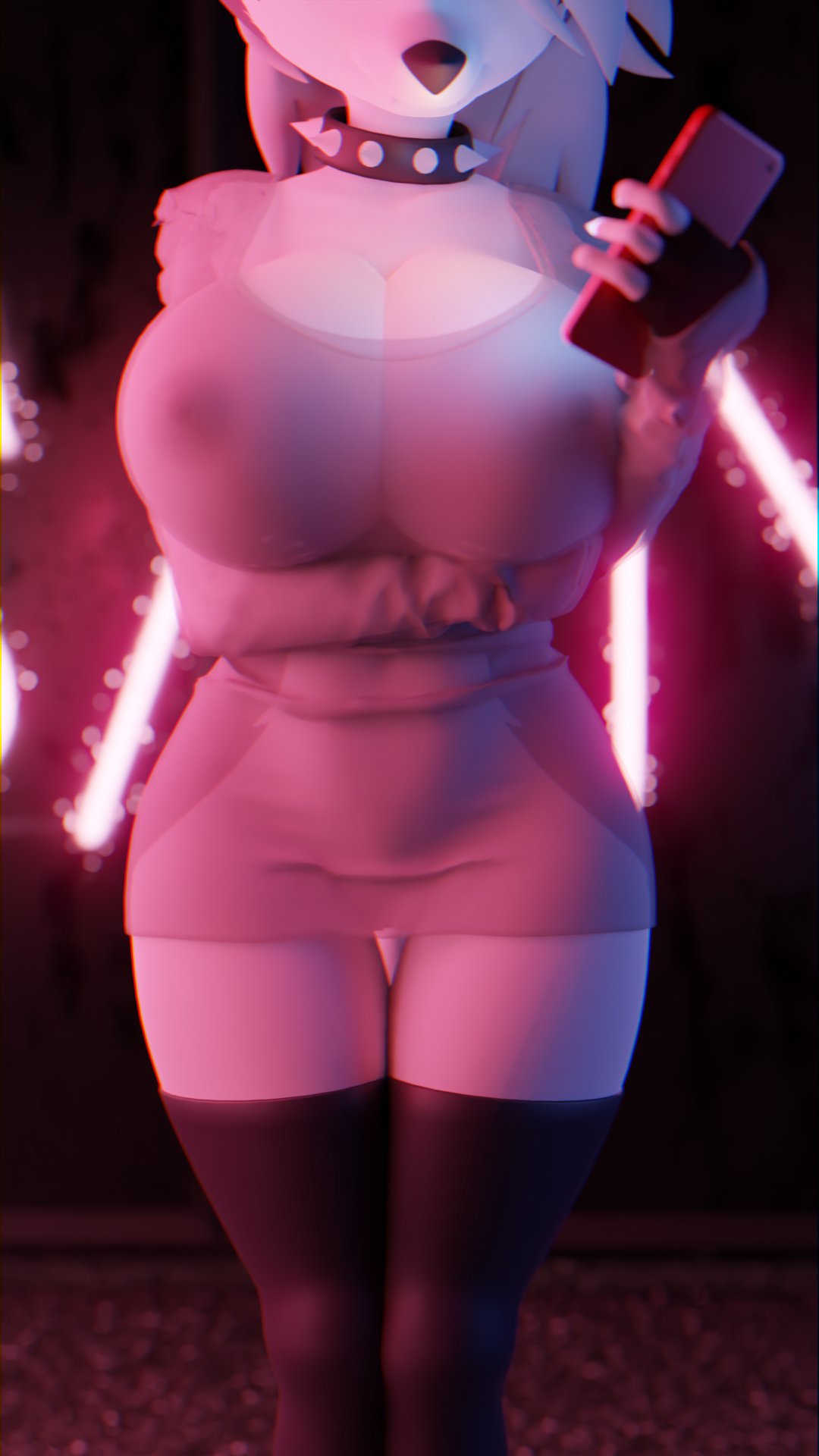 1girls, artist request, ass, big ass, big breasts, big butt, breasts, cellphone, female, female only, fur, furry, grey fur, grey hair, grin, hellhound, helluva boss, hourglass figure, huge ass, huge breasts, hyper ass, hyper breasts, loona (helluva boss), nipple bulge, tagme, thick thighs, vivienne medrano