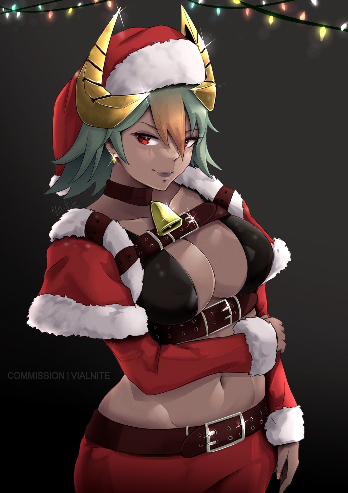 1girls, alternate costume, artist name, bare midriff, bell, bell collar, belt, black background, breasts, christmas, christmas outfit, cleavage, collar, collarbone, commentary, commission, dark skin, dark-skinned female, earrings, female, female only, fire emblem, fire emblem heroes, fur trim, gradient, gradient hair, green eyes, green hair, hat, highres, horns, jewelry, laegjarn (fire emblem), large breasts, lips, long sleeves, looking at viewer, midriff, multicolored hair, navel, nintendo, orange hair, pom pom (clothes), red eyes, santa costume, santa hat, short hair, simple background, smile, solo, stomach, two-tone hair, upper body, vialnite