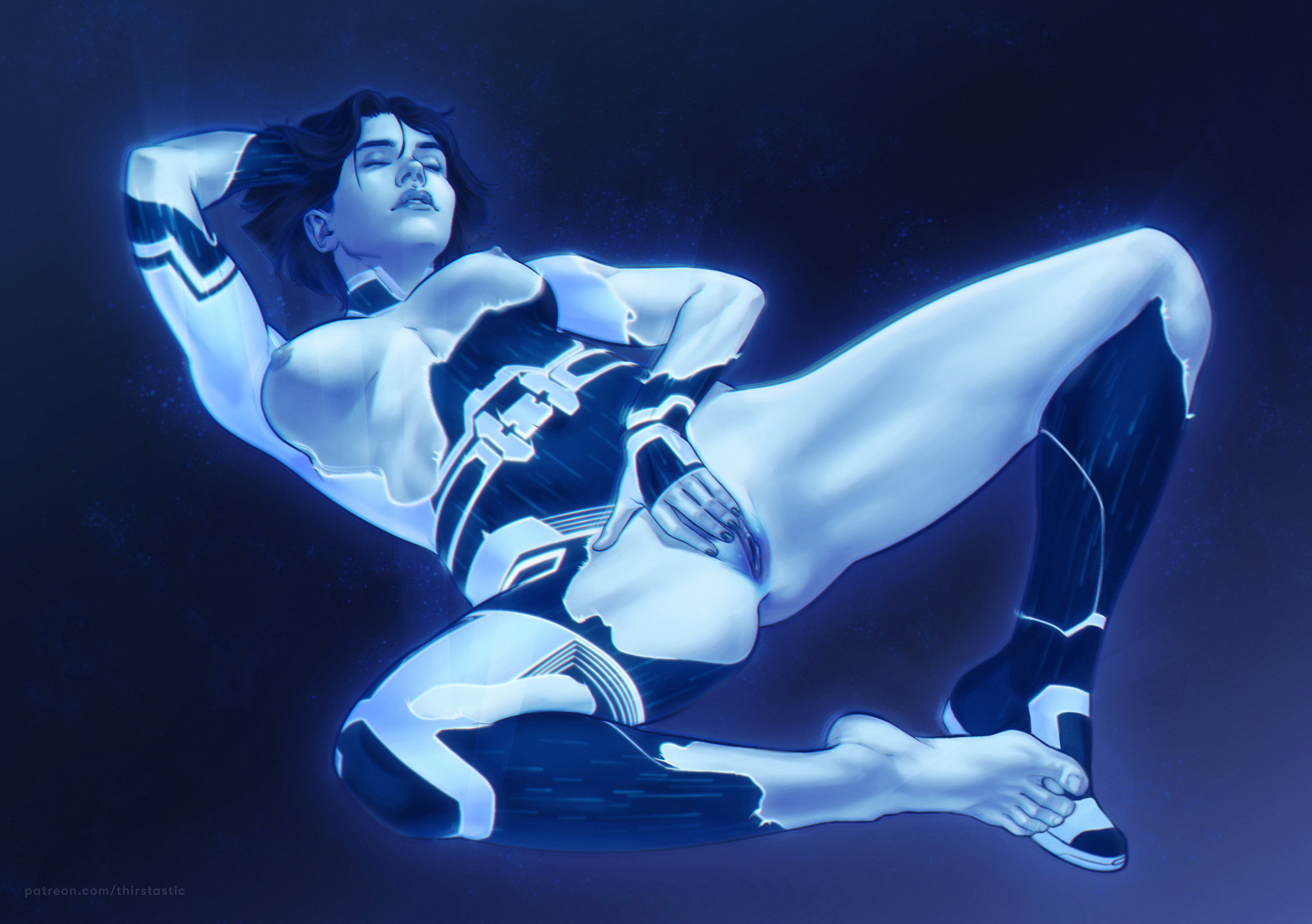 1girls, 2d, 343 industries, anus, areola, artificial intelligence, barefoot, big breasts, big nipples, blue body, blue skin, breasts, dima ivanov, female, female masturbation, female only, foot, glowing, halo (series), halo infinite, joyeuse, lips, lying, masturbation, medium breasts, muscular, muscular female, nipples, perky breasts, plump labia, plump lips, pussy, realistic, short hair, simple background, solo, solo female, spread legs, the weapon (halo infinite), thighs, torn clothes, xbox game studios