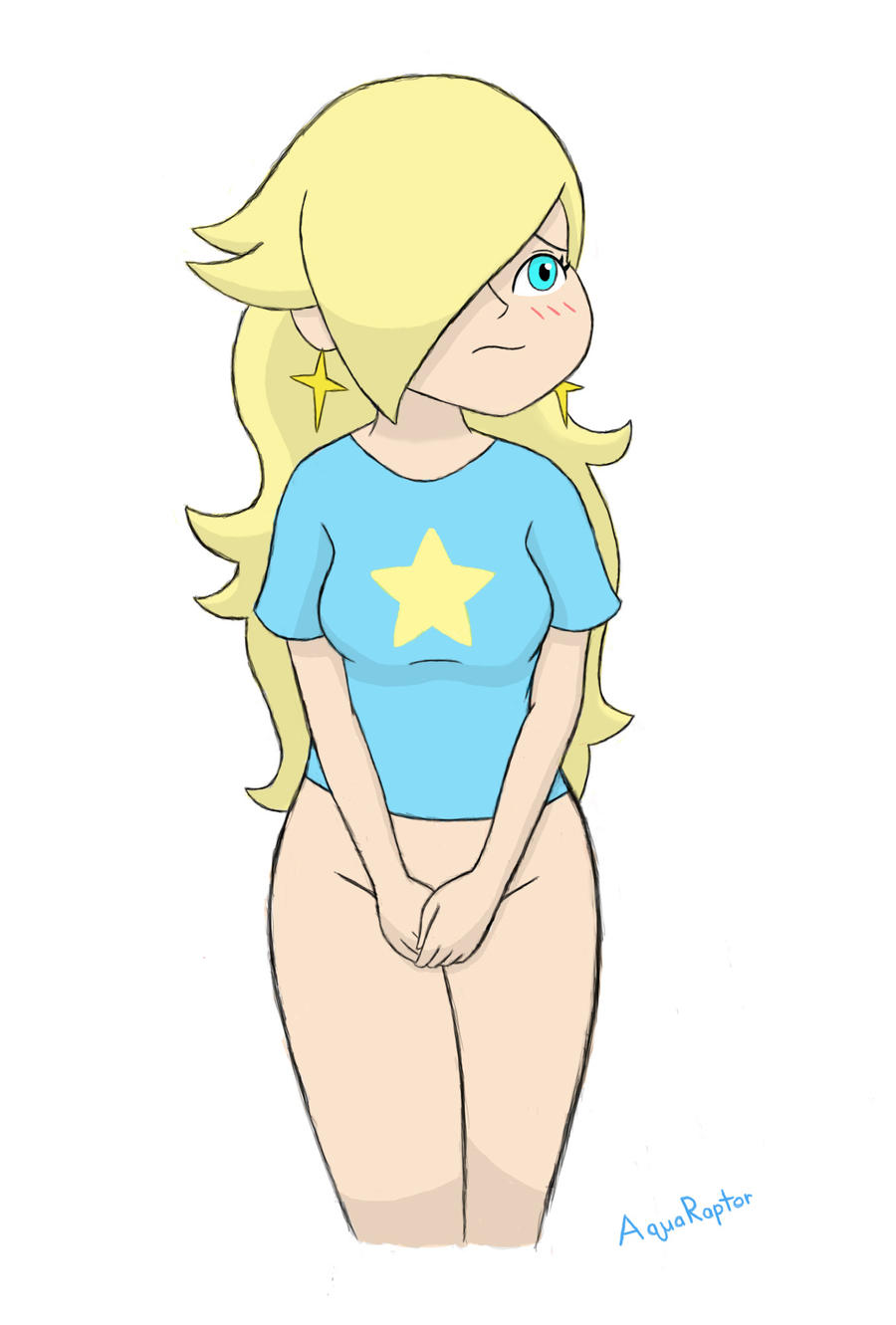 1girls aquaraptor artist_name blonde_hair blue_eyes blue_shirt blush bottomless breasts covering_crotch embarrassed female female_only hair_over_one_eye light-skinned_female light_skin long_hair looking_away mario_(series) nintendo partially_clothed princess_rosalina shirt simple_background solo standing super_mario_galaxy v_arms white_background white_skin