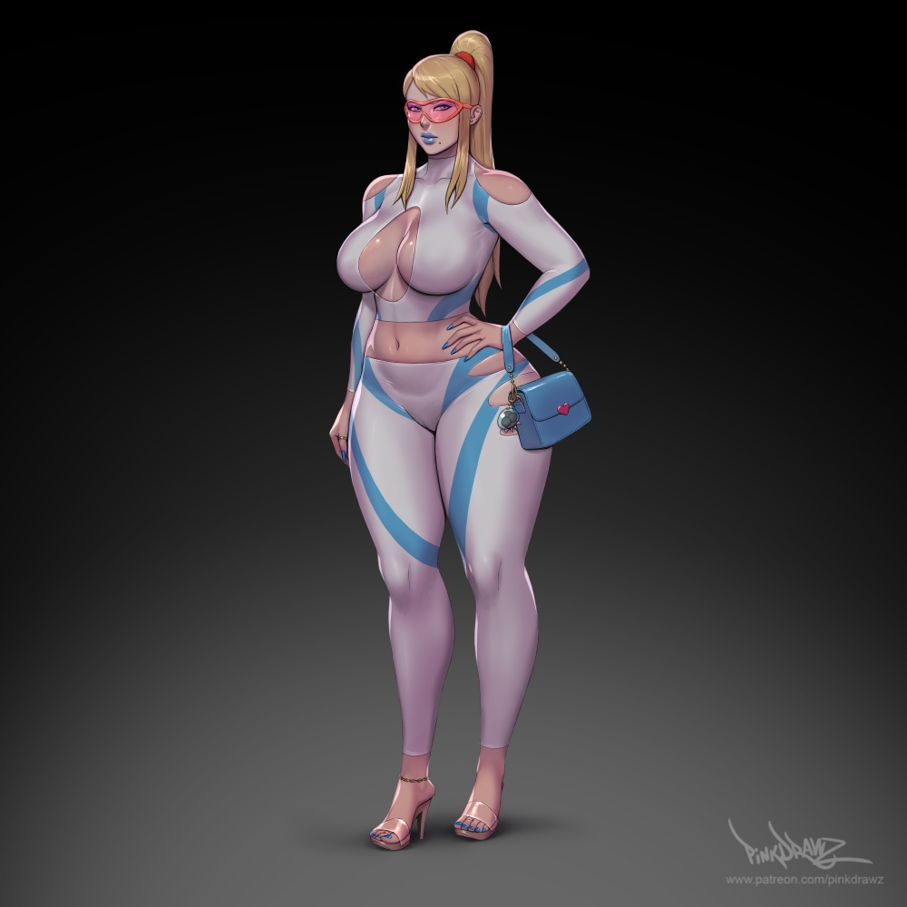 1girls anklet big_breasts bimbo breasts exposed_breasts female female_only high_heels large_breasts metroid milf open_toe_shoes pinkdrawz revealing_clothes samus_aran solo stiletto_heels thick_thighs wide_hips yoga_pants