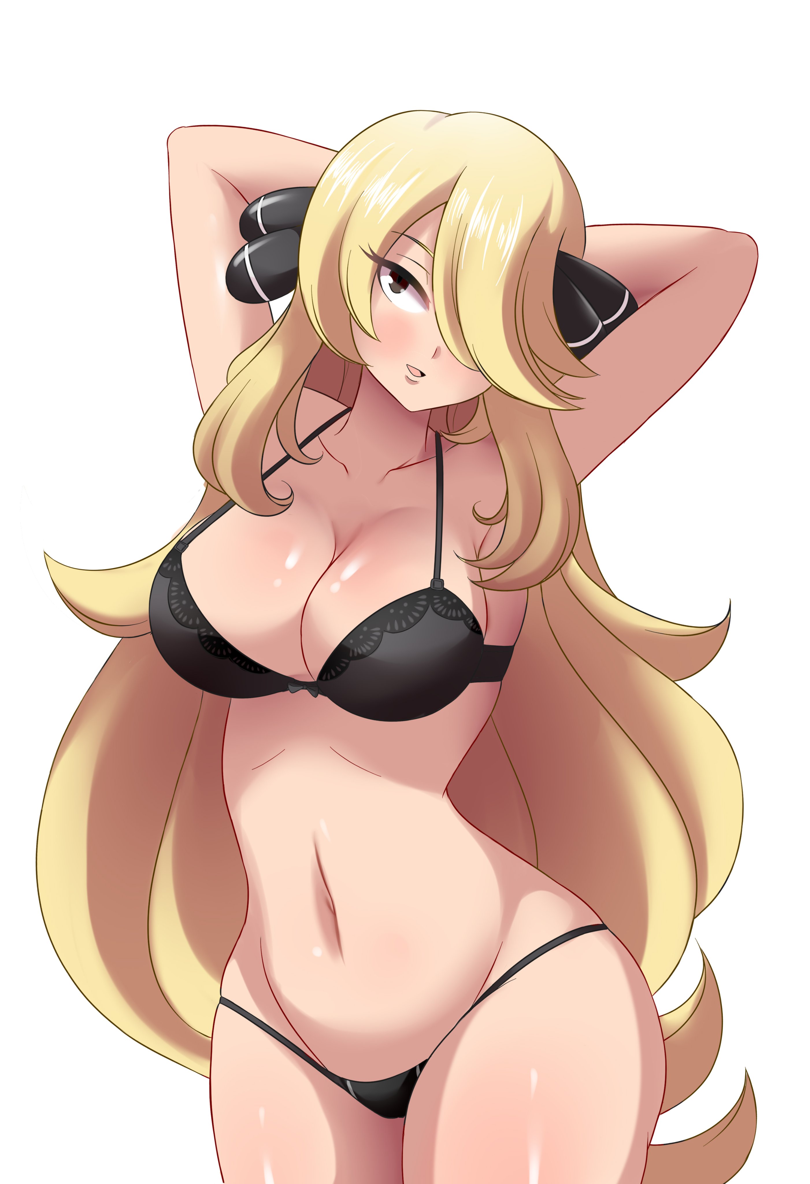 1girls, alternate breast size, alternate costume, armpits, arms behind head, arms up, big breasts, black bra, blonde hair, bra, breasts, busty, child bearing hips, cleavage, curvy, cynthia (pokemon), female, hair over one eye, hands behind head, hips, large breasts, lucyfercomic, navel, nintendo, open mouth, pokemon, pose, posing, sensual, smile, thick thighs, thighhighs, thighs, thong, voluptuous