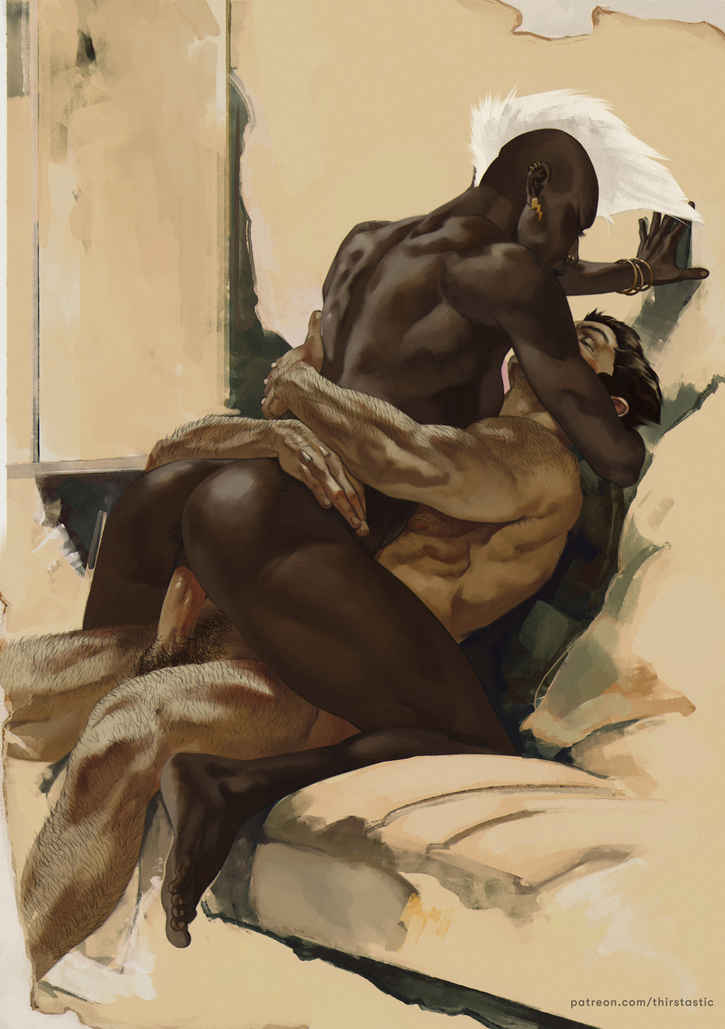 1boy, 1girls, 2d, arms around partner, ass, back, canon couple, closed eyes, couple, dark skin, dark-skinned female, dima ivanov, female, female on top, hairy, hairy male, hug, hugging, human, human only, interracial, light skin, light-skinned male, making love, male, marvel, marvel comics, mature, mature female, mature male, mohawk, muscular, muscular male, mutant love, nude, ororo munroe, penetration, penis, pubic hair, pussy, realistic, romantic, romantic sex, sex, storm (x-men), straight, tan-skinned male, vaginal penetration, white hair, wolverine (x-men), x-men