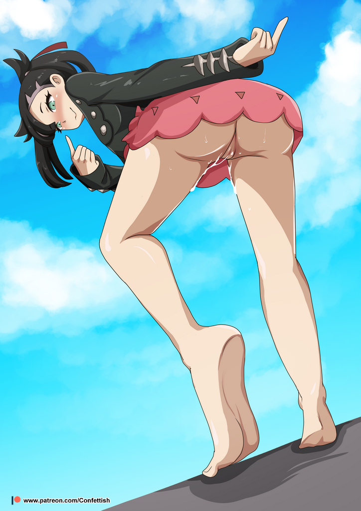 1girls ass barefoot blush bottomless bottomless_skirt confettish feet female looking_back marnie_(pokemon) pokemon pokemon_ss pussy pussy_juice smooth_skin the_dark_mangaka upskirt wet