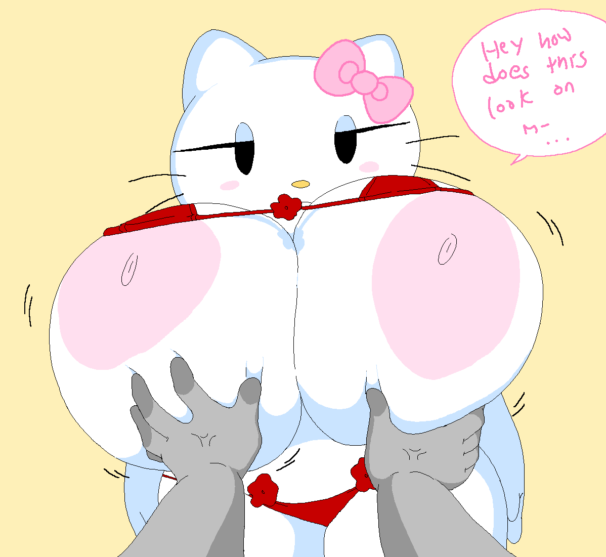 assisted_exposure big_areola big_breasts big_ears big_nipples bikini breasts_bigger_than_head breasts_out cat_ears chubby disembodied_hands dream-cassette erect_nipples female furry hello_kitty hello_kitty_(character) hello_kitty_(series) hoshime huge_areolae huge_breasts huge_nipples kitty_white mob_face pink_nipples playing playing_with_breasts sanrio shortstack swimsuit thong top_pull touching_breasts