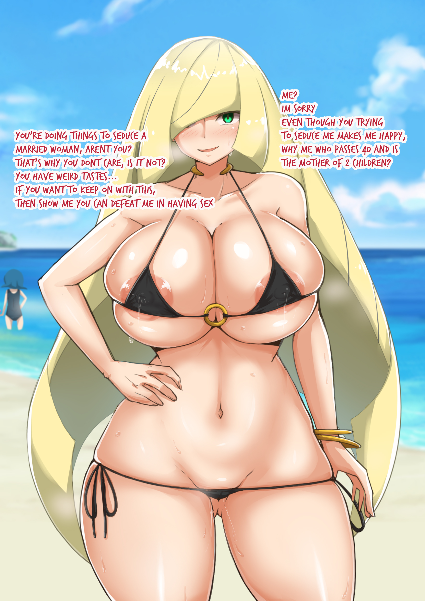 2girls, alternate breast size, areolae, beach, big breasts, bikini, blonde hair, breasts, english text, eye contact, female, female only, front view, green eyes, hair over one eye, hand on hip, hand on own hip, high resolution, huge breasts, lana (pokemon), large breasts, long hair, looking at viewer, lusamine (pokemon), mature female, micro bikini, milf, mother, nintendo, pokemon, pokemon sm, smile, solo focus, standing, text, thick thighs, thighs, thong, voluptuous, water, wide hips, yamaori