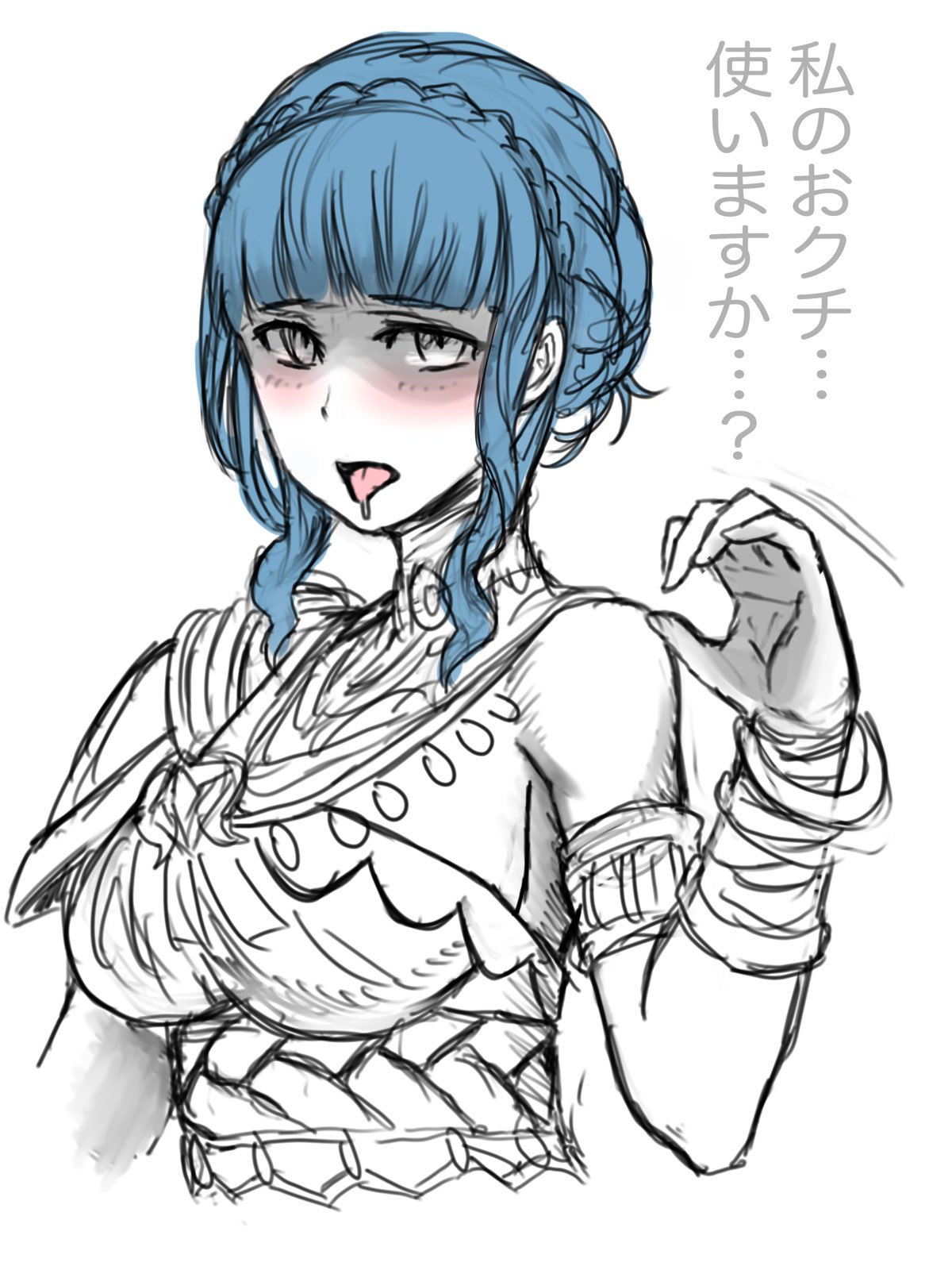 1girls, alternate costume, bangs, blue hair, blush, braid, breasts, dancer, dancer (three houses), fellatio gesture, female, female only, fire emblem, fire emblem heroes, fire emblem: three houses, gesture, japanese text, large breasts, light blue hair, looking at viewer, marianne von edmund, nintendo, official alternate costume, pocari66, saliva, solo, text, tongue, tongue out, translated