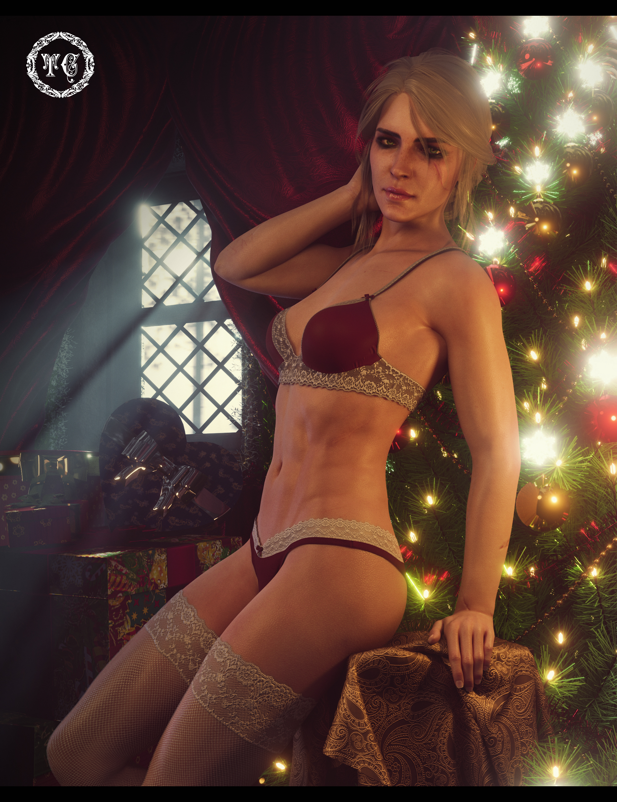 3d, abs, christmas, ciri, female, royalty, solo, th3celtic, the witcher (series), the witcher 3: wild hunt, theceltic, white hair