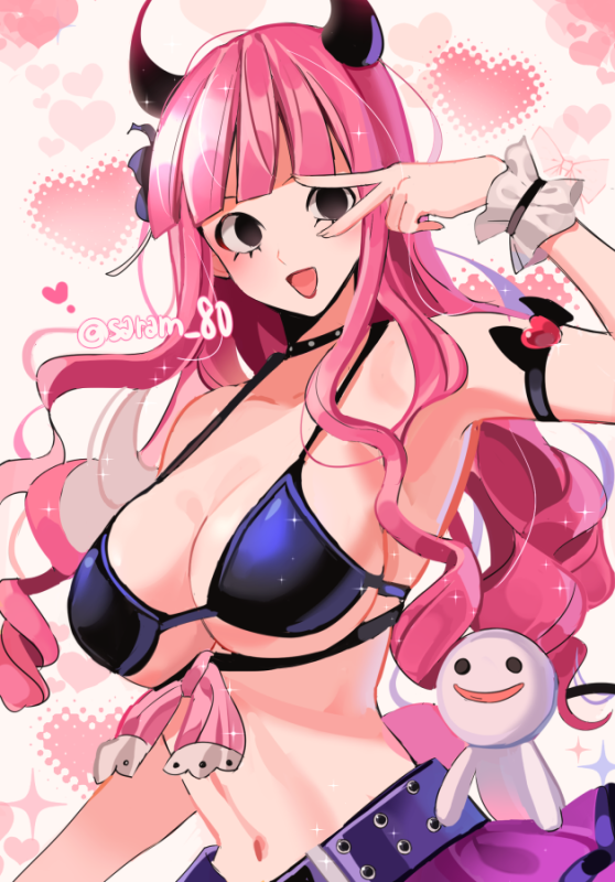 :d, 1girls, akuma no mi, beast pirates, beast pirates (cosplay), belt, big breasts, blunt bangs, bra, breasts, curvy, female, female only, ghost, heart, horns, horo horo no mi, midriff, navel, one piece, peace sign, perona, pink hair, pink-haired female, post-timeskip, saram 80, skimpy, skirt, smile, solo, v, v sign