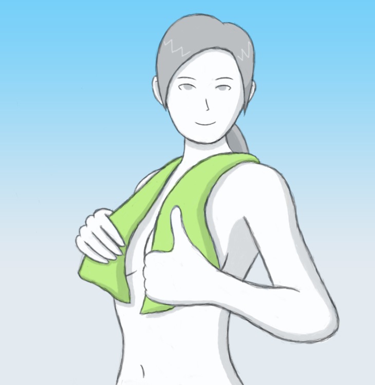 aquaraptor bad_censor breasts casual covering female grey_hair human nintendo nudist pale_skin solo tagme topless towel towel_around_neck white_skin wii_fit wii_fit_trainer