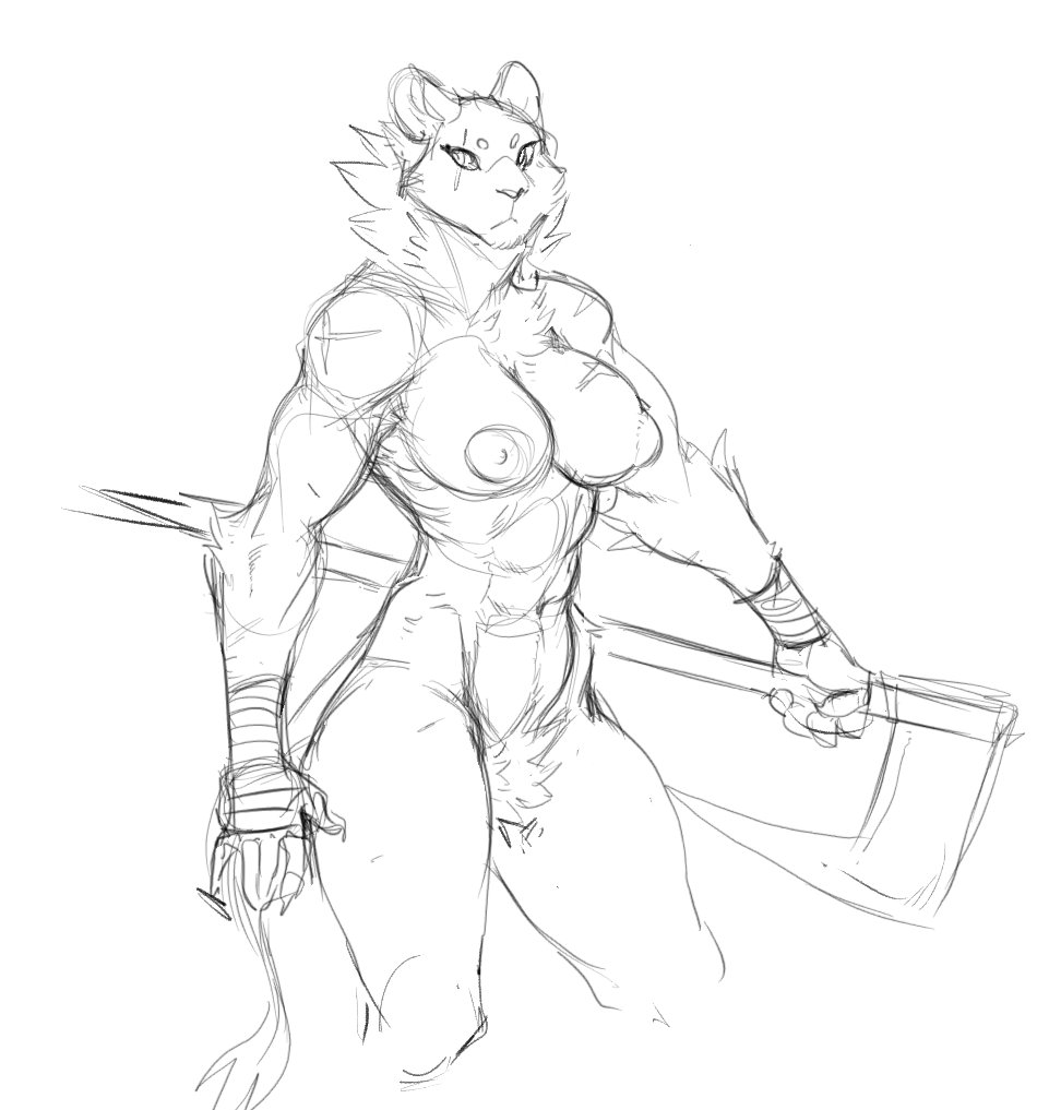 2021 abs anthro axe big_pubes biped breasts facial_scar felid feline female guoh mammal melee_weapon muscular muscular_anthro muscular_female neck_tuft nipples pubes scar simple_background sketch solo tuft weapon white_background