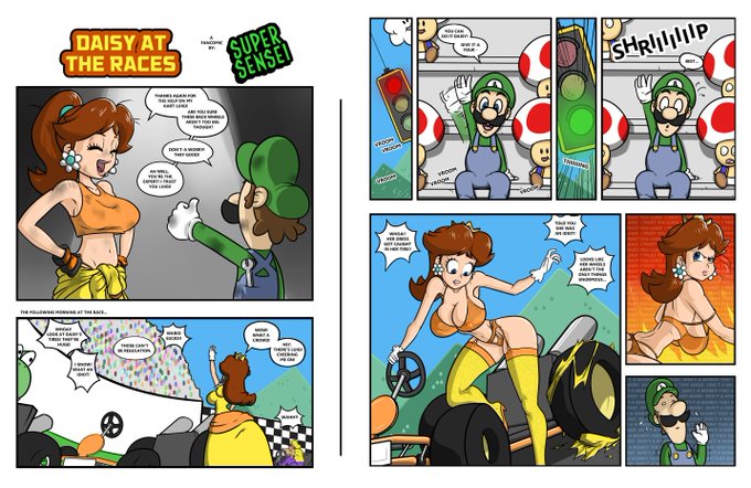 1girls angry bra breasts comic embarrassed_underwear_female euf female garter_straps luigi mario_(series) mario_kart nintendo off_shoulder princess_daisy supersensei toad_(mario) torn_clothes wardrobe_malfunction