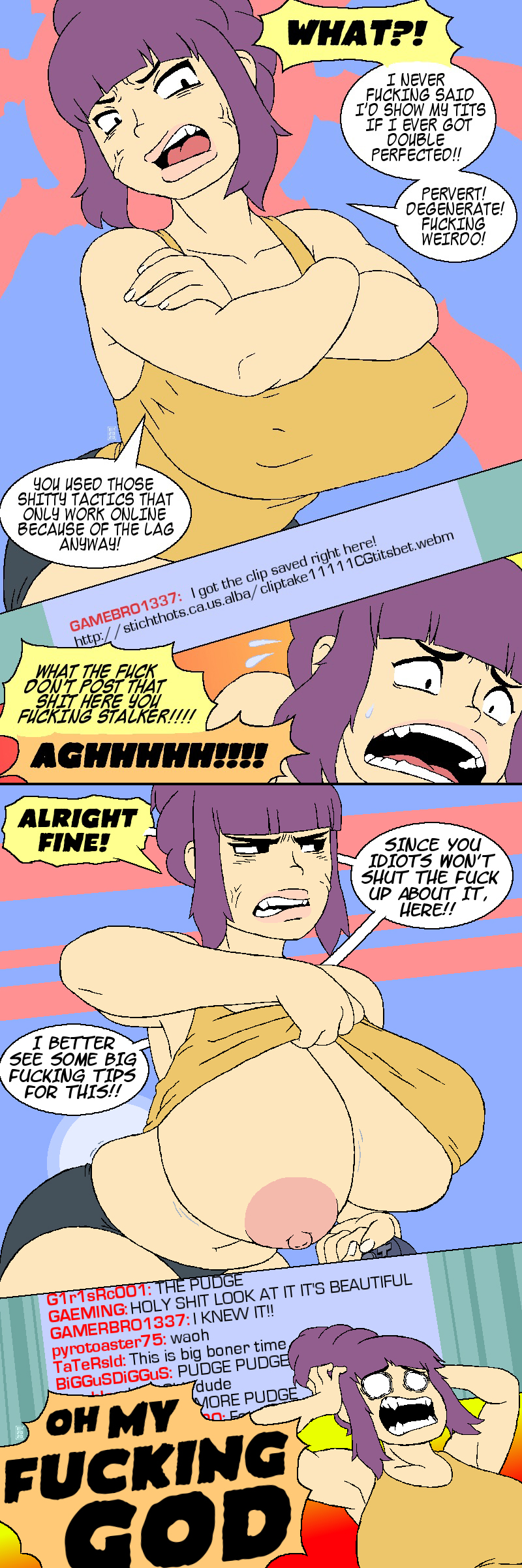 big breasts, breasts, busty, comic, command grab, edit, embarrassed, female, female focus, female only, flashing, flashing breasts, hourglass figure, huge breasts, mindsedge, speech bubble, streaked hair, text, tomboy, wide hips