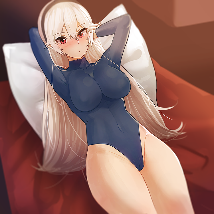 1girls arms_behind_head bare_thighs blonde_hair blush breasts corrin_(fire_emblem) corrin_(fire_emblem)_(female) cpb fire_emblem fire_emblem_fates hairband large_breasts leotard long_sleeve_leotard nintendo on_back on_bed partially_visible_vulva pillow pointy_ears red_eyes sex solo thighs vaginal_penetration very_long_hair