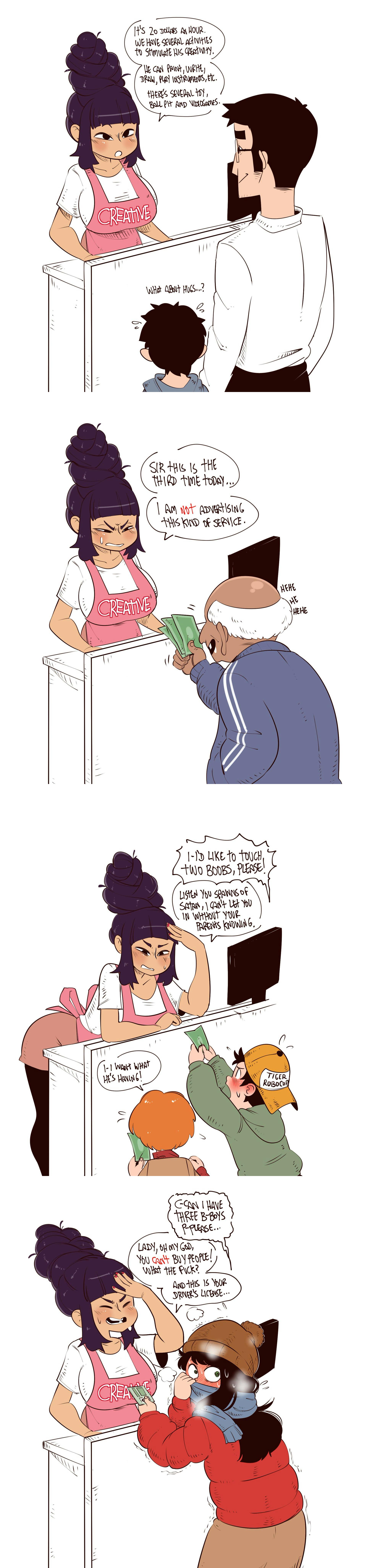 2girls, annoyed, annoyed expression, apron, beehive hairdo, breasts, comic, command grab, dialogue, english text, female, humor, kuroki tomoko, male, multiple boys, multiple males, nuclearwasabi, purple hair, tagme, text, tied hair, watashi ga motenai no wa dou kangaetemo omaera ga warui!, white background