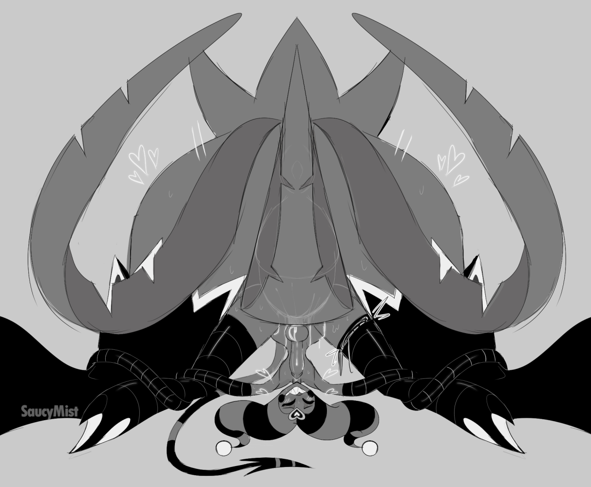 2boys, anal, anal sex, asmodeus (helluva boss), ass, ass up, big penis, demon, erect penis, erection, face down ass up, fizzarolli (helluva boss), gay, helluva boss, huge cock, looking pleasured, male, male only, monochrome, naked, nude, penis, saucymist, size difference, yaoi