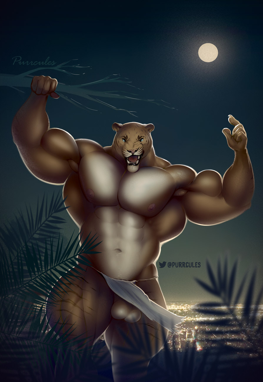 abs anthro balls biceps big_muscles bottomwear bulge city cityscape clothed clothing clothing_lift felid full_moon genital_outline genitals hi_res huge_muscles hybrid liger lion loincloth loincloth_lift loincloth_only mainlion male mammal moon muscular muscular_anthro muscular_male muscular_thighs navel night nipples open_mouth open_smile outside pantherine pecs penis_outline plant purrcules_(character) quads sky smile solo teeth tongue tree