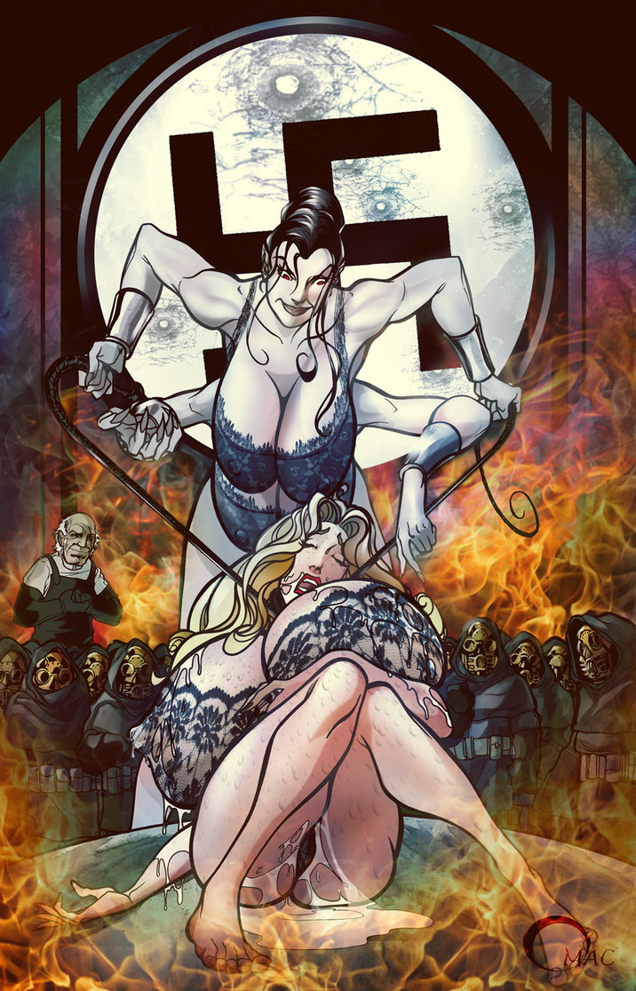 2girls, big breasts, breasts, countess, female, fire, huge breasts, multi arm, multi breast, multi limb, multiple females, multiple girls, nazi, omac, swastika, villainess, war
