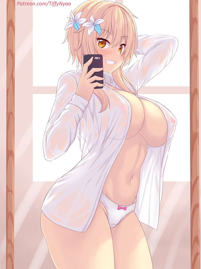 big breasts, blonde hair, breasts, female, genshin impact, hair ornament, huge breasts, large breasts, looking at viewer, lumine (genshin impact), mirror, mirror selfie, navel, no bra, panties, phone, selfie, tagme, taking picture, tiffynyaa, unbuttoned, unbuttoned shirt, wet clothes, white panties
