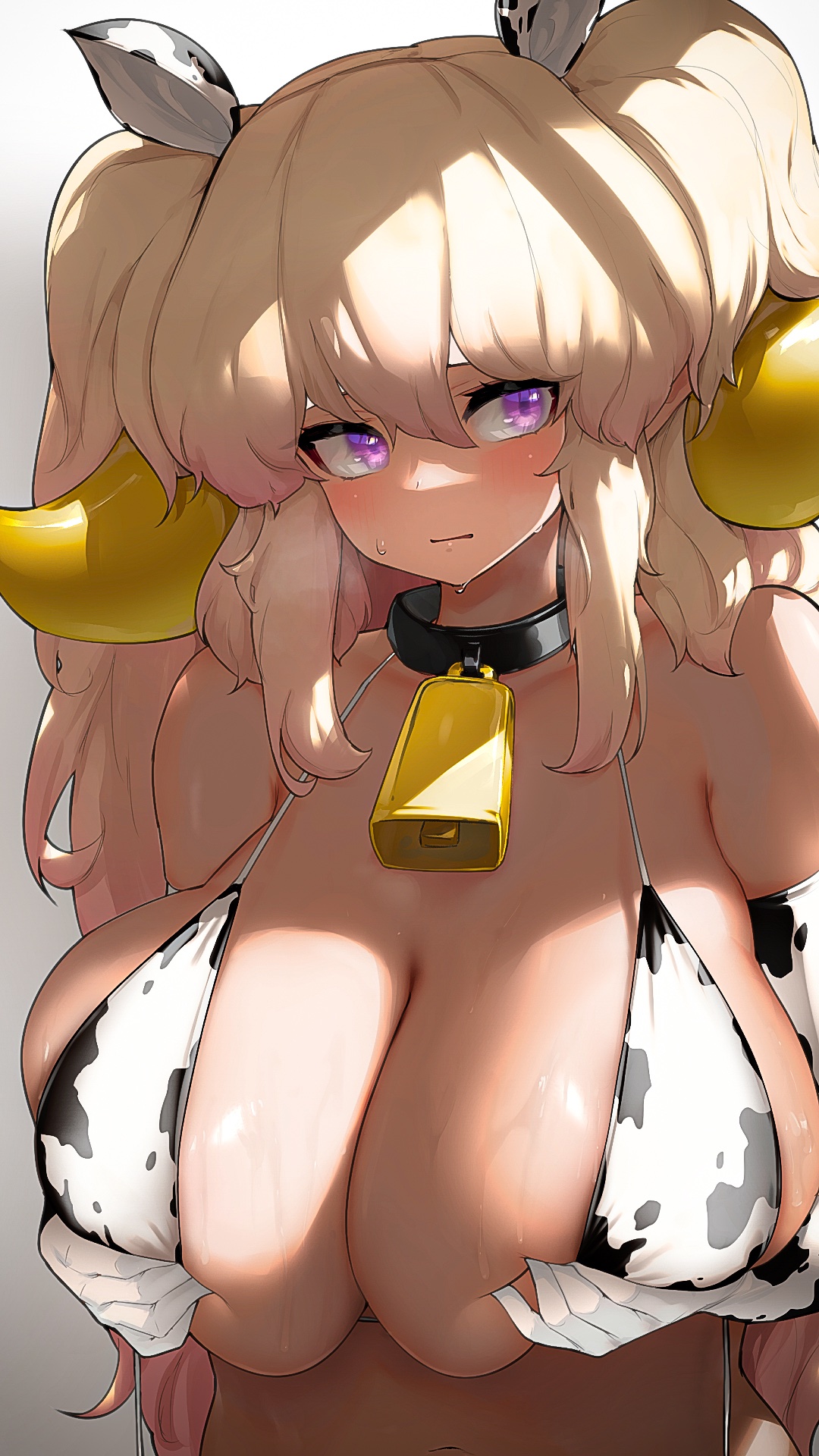 1girls, 2021, armwear, bangs, bare shoulders, bell, belly, belly button, big breasts, bikini, bikini top, blonde hair, blunt bangs, blush, breast grab, breasts, busty, choker, cleavage, cow ears, cow girl, cow print, cowbell, curvaceous, curvy, curvy figure, dark elven forest ranger, dark elven forest ranger (cowgirl bikini), elbow gloves, embarrassed, eyelashes, female, female focus, female only, gloves, gradient background, hair between eyes, hair ornament, hi res, high resolution, highres, hizake, horns, huge breasts, kashu (hizake), large breasts, last origin, light skin, light-skinned female, long hair, navel, off shoulder, open mouth, pigtails, purple eyes, shiny hair, shiny skin, sideboob, sidelocks, simple background, solo, solo female, string bikini, sweat, sweatdrop, twintails, underboob, very long hair, wardrobe malfunction, wide eyed, year of the ox