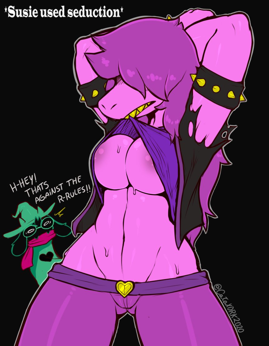 1girls, 2021, anthro, black background, bodily fluids, bovid, breasts, caprine, cataxdrk2020, clothed, clothing, deltarune, dialogue, duo, english text, female, female focus, gay male, goat, hair, hair over eyes, hands behind head, jacket, male, mammal, open clothing, open jacket, open topwear, pink body, portrait, purple hair, raised clothing, raised shirt, raised topwear, ralsei, reptile, scalie, shirt, shirt in mouth, simple background, solo focus, susie (deltarune), sweat, text, three-quarter portrait, topwear, torn clothing, undertale (series), video games, yellow teeth