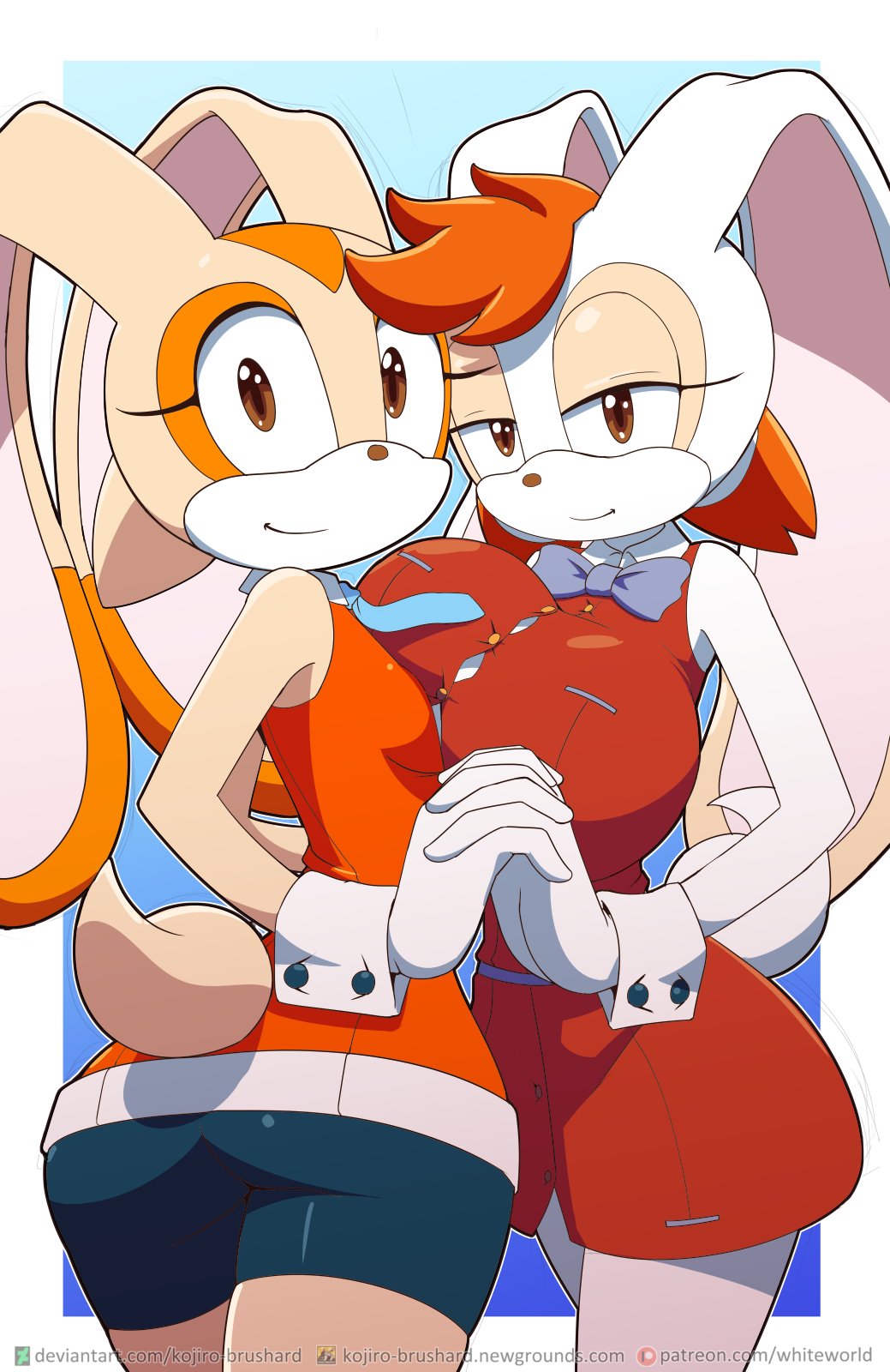 2girls aged_up anthro anthro_only ass big_ass big_breasts big_butt bow bowtie breast breast_press breasts brown_eyes bunny clothed clothing collared_dress cream_the_rabbit dress duo female female_only fur furry furry_only gloves hips holding_hands kojiro-brushard lagomorph lagomorph_humanoid large_ass large_breasts looking_at_viewer looking_back original_character rabbit red_hair sega sister small_breasts sonic_(series) sonic_the_hedgehog_(series) sugar_the_rabbit tail tan_fur thick_thighs twins white_fur white_hair yuri