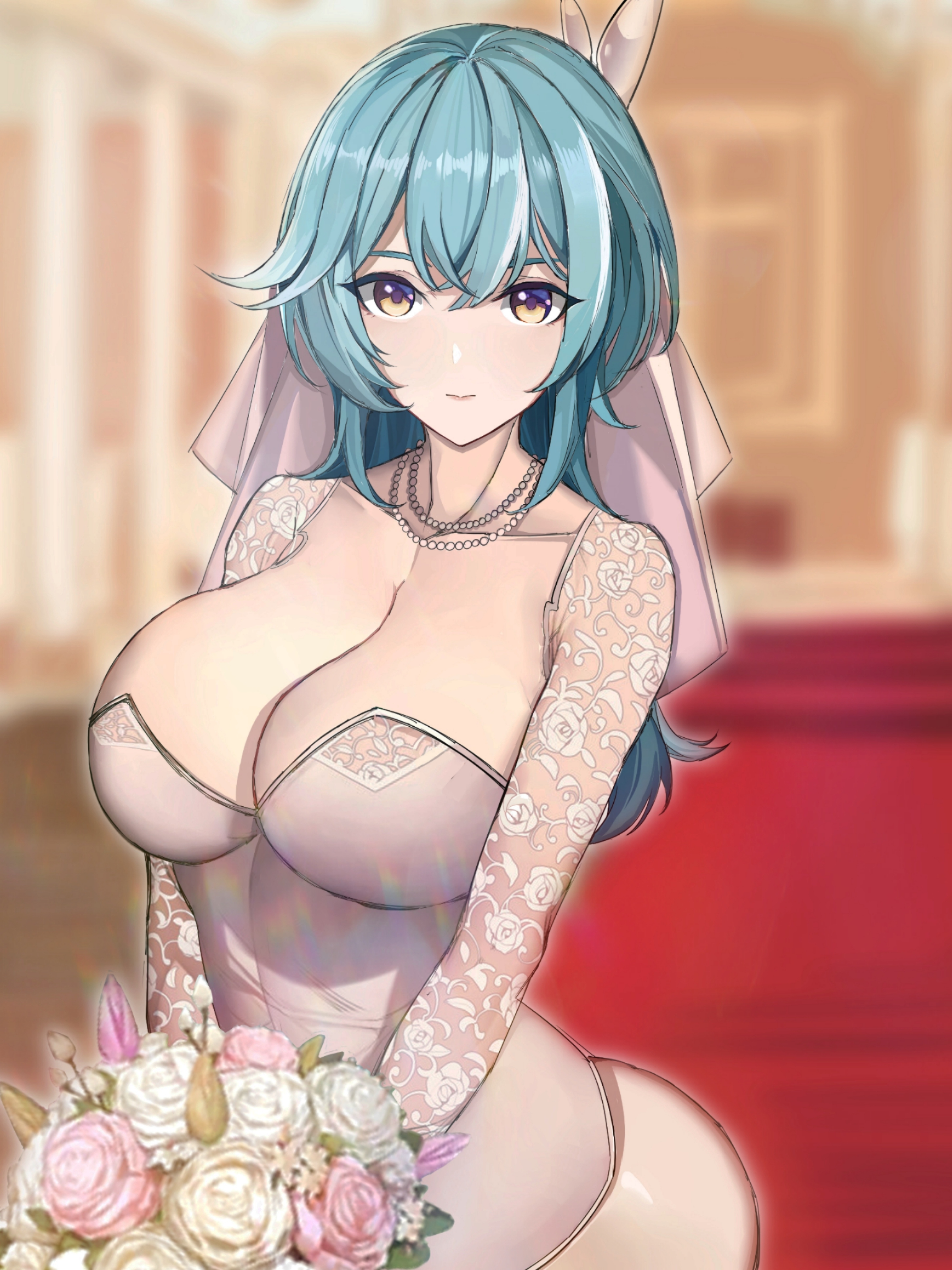 1girls, blue hair, breasts, busty, cleavage, dress, eula (genshin impact), female, flower, genshin impact, hi res, highres, human, large breasts, looking at viewer, married, necklace, smile, voluptuous, wedding dress