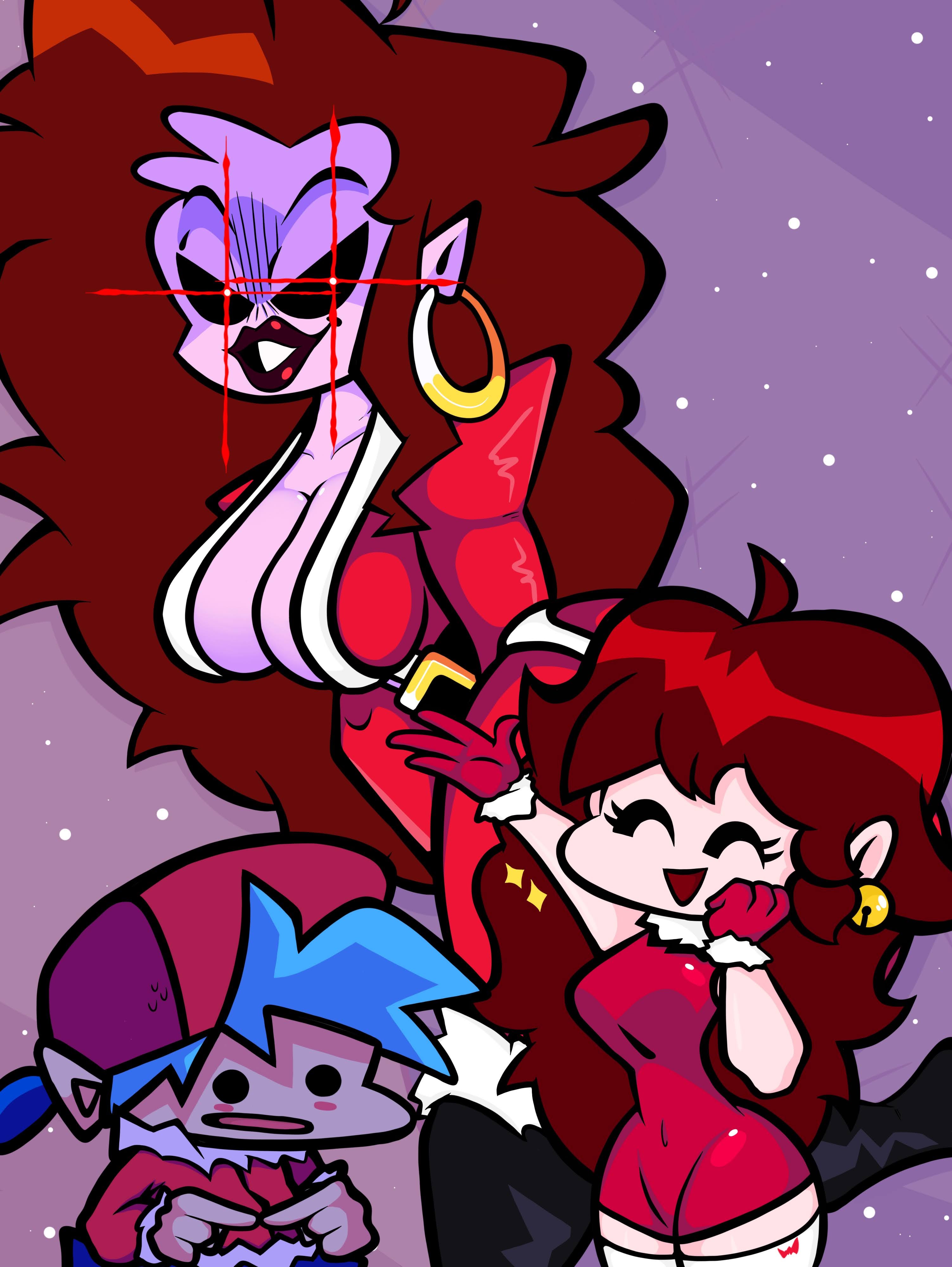 1boy, 2girls, big breasts, blush, boyfriend (friday night funkin), breasts, brown hair, christmas, christmas outfit, daughters boyfriend, demon, demon girl, female, friday night funkin, girlfriend (friday night funkin), girlfriend's mother, gotig1231, long hair, male, mature female, mommy mearest, mother-in-law, son-in-law, tight clothing