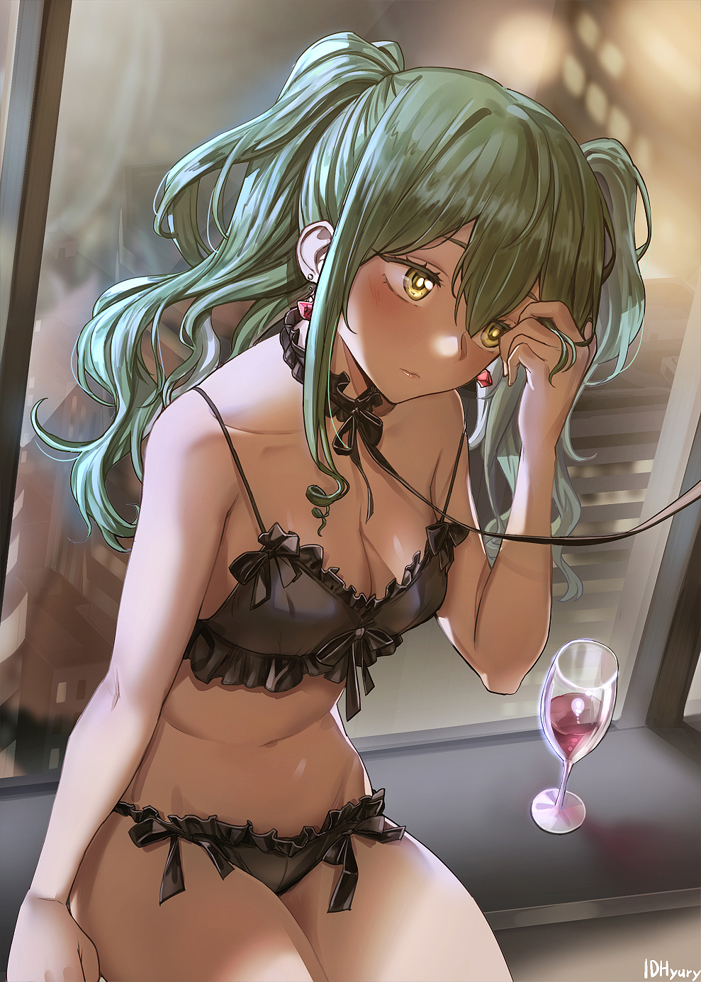 2d_(artwork) artist_name black_bra black_choker black_panties black_underwear bra breasts choker clavicle cleavage cup drinking_glass earmuffs female girls'_frontline green_hair hair_between_eyes high_resolution hyury m950a_(girls_frontline) medium_breasts navel pantsu red_earrings sitting solo tied_hair twintails underwear underwear_only window wine_glass yellow_eyes