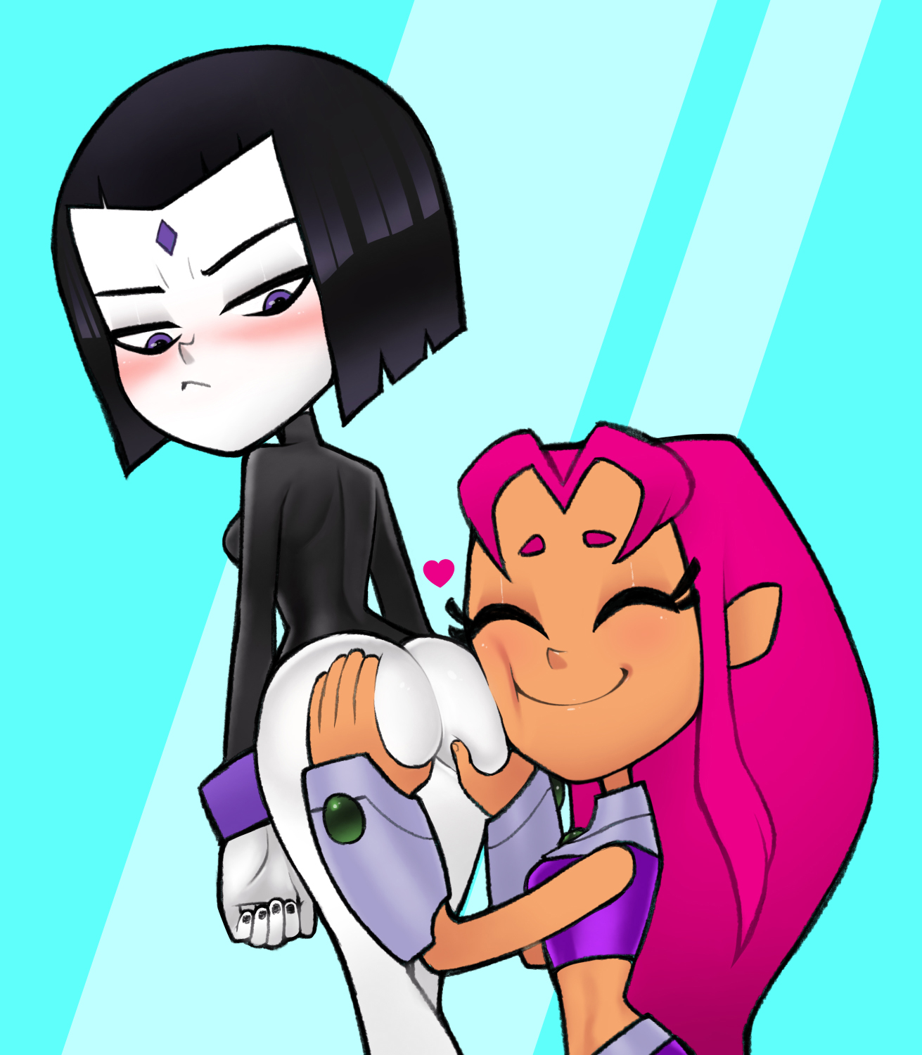 2girls, angry, ass, ass worship, big ass, blush, cartoon network, dc, dc comics, face on ass, female, female face near ass, female only, grabbing ass, koriand'r, lesbian, loodncrood, multiple females, multiple girls, orange skin, pale skin, pink hair, purple eyes, purple hair, rachel roth, raven (dc), raven (teen titans go!), smooth skin, starfire, starfire (teen titans go!), teen titans, teen titans go, yuri