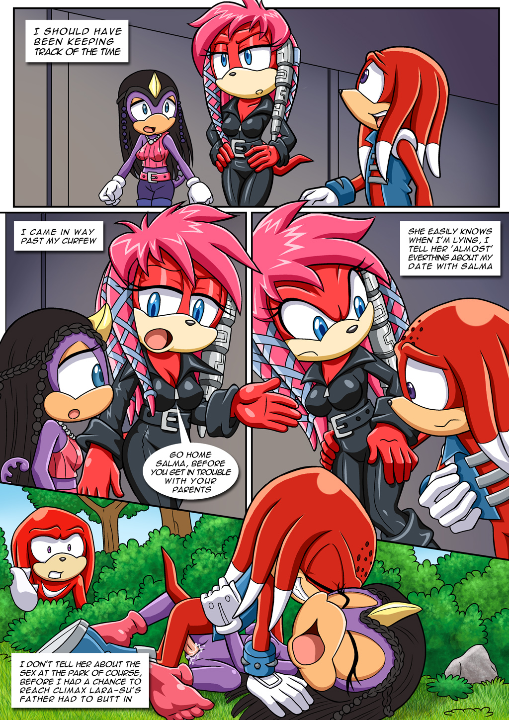 2d a_strange_affair boyfriend-girlfriend comic comic_page furry furry_male knuckles_the_echidna lien-da male mother_and_son palcomix parent park rutan_the_echidna salma_the_chameleon scalie scalie_female sex shocked_expression sonic_(series) sonic_the_hedgehog_(archie) sonic_the_hedgehog_(series) teenage_couple