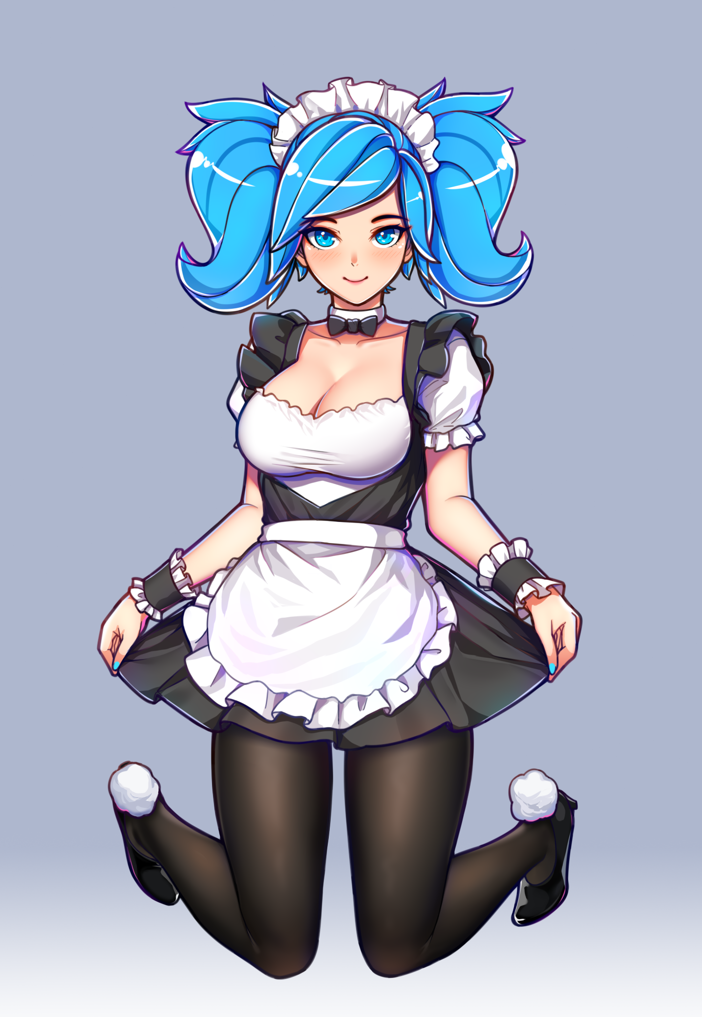 1girls, big breasts, blue eyes, blue hair, blush, blushing at viewer, breasts, choker, cleavage, evie (paladins), eye contact, female, female only, hi-rez studios, ikkimay, kneeling, large breasts, light skin, light-skinned female, looking at viewer, maid, maid headdress, maid uniform, on knees, paladins, smile, smiling, smiling at viewer, solo, solo female, tagme, twintails, video games