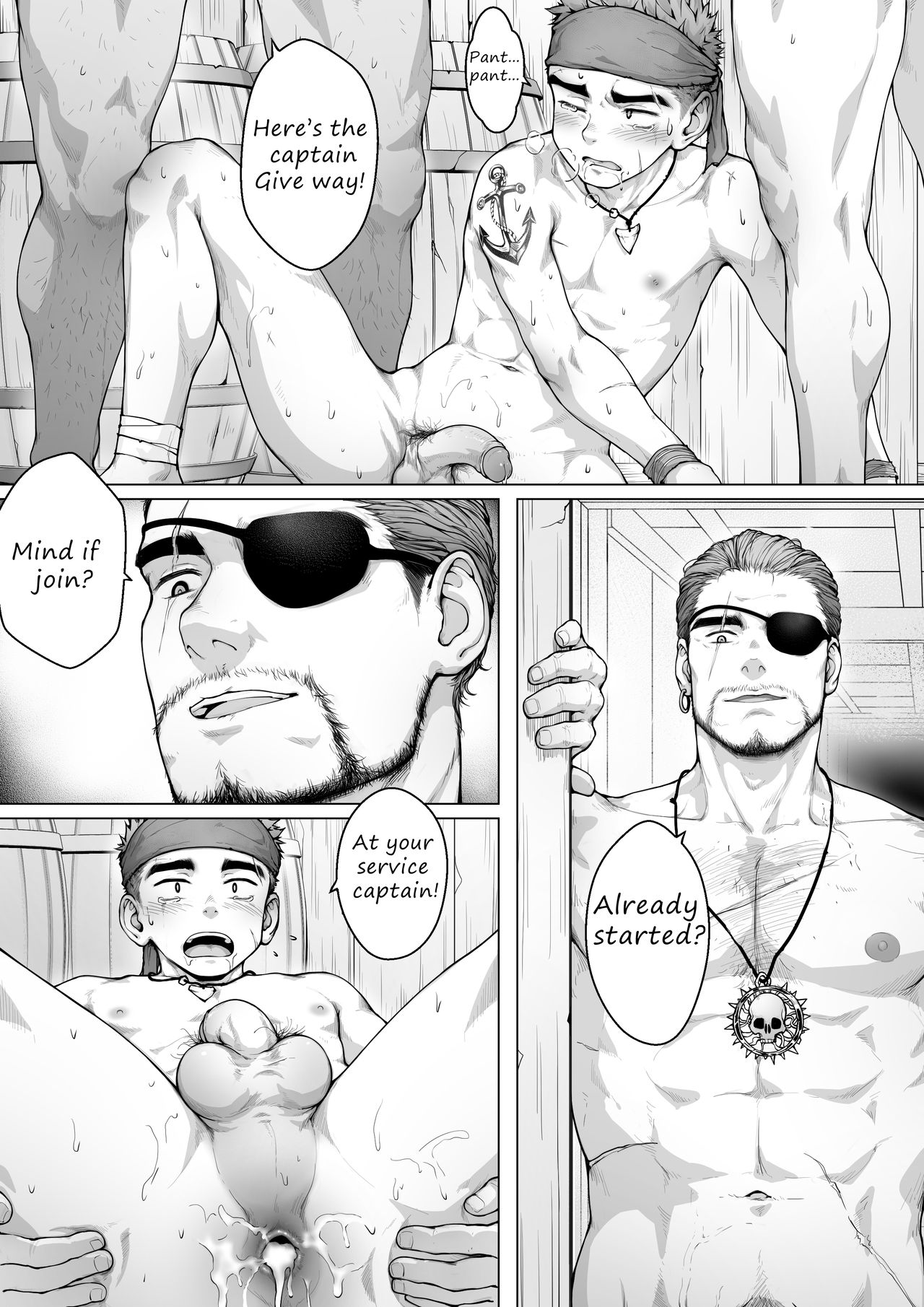 age difference, ass, beitemian, betm, coercion, comic, dialogue, english text, eye patch, gay, hard translated, male, male only, multiple boys, multiple males, penis, pirate, pirates (beitemian), presenting, questionable consent, translated, yaoi