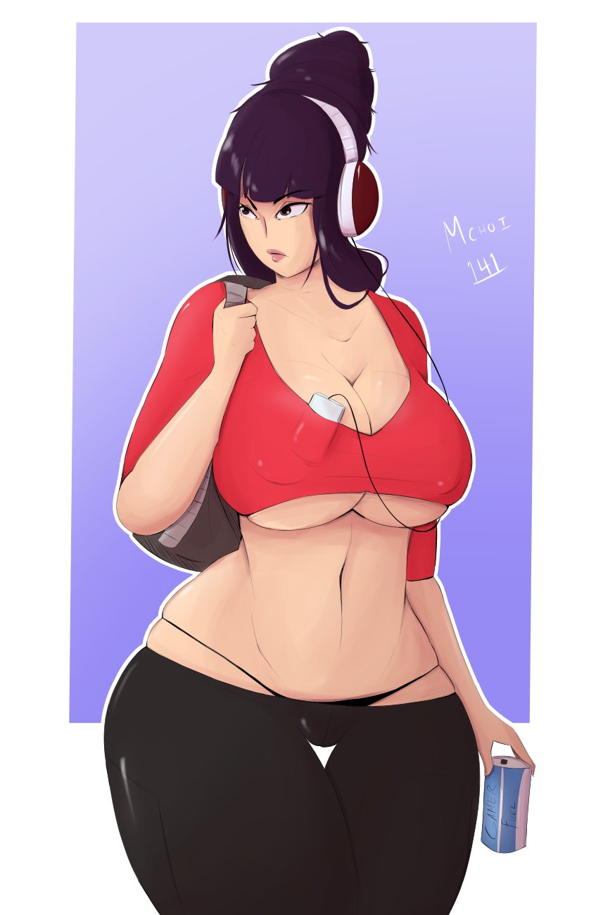 bare midriff, big breasts, breasts, busty, cleavage, command grab, crop top, erect nipples, female, female focus, female only, g-string, hourglass figure, large breasts, leggings, mchoi141, navel, nipple bulge, nipples, skimpy, skimpy clothes, sleeves rolled up, solo, underboob, wide hips