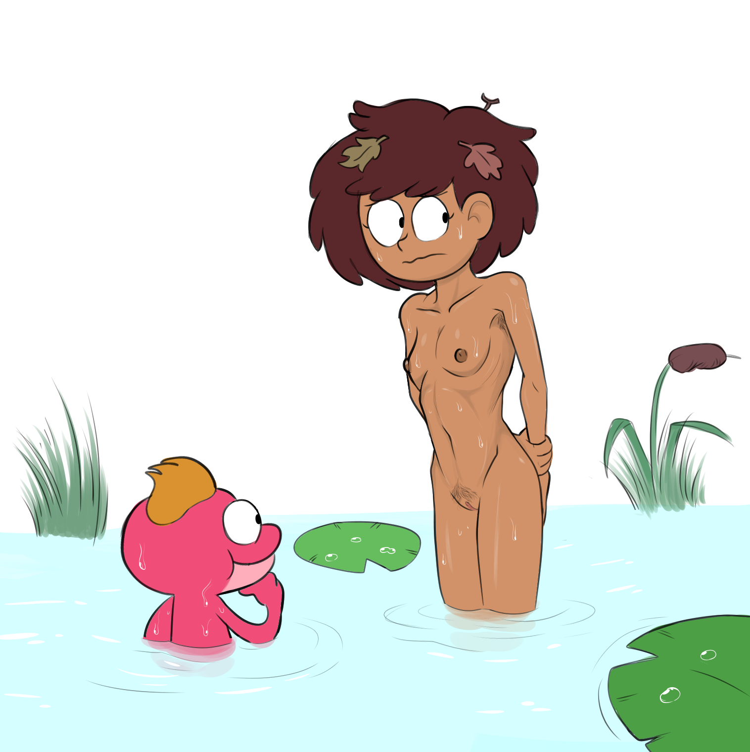 1boy, 1girls, age difference, amphibia, anne boonchuy, breasts, completely nude, disney, disney channel, female, hi res, looking at partner, male, medium breasts, messy hair, millim, nervous, nipples, nude, nude female, nude male, older female, older female and younger male, pond, pubes, pubic hair, pussy, skinny dipping, sprig plantar, standing, straight hair, teenage female, teenager, thai, thai female, thighs, white background, young, younger male
