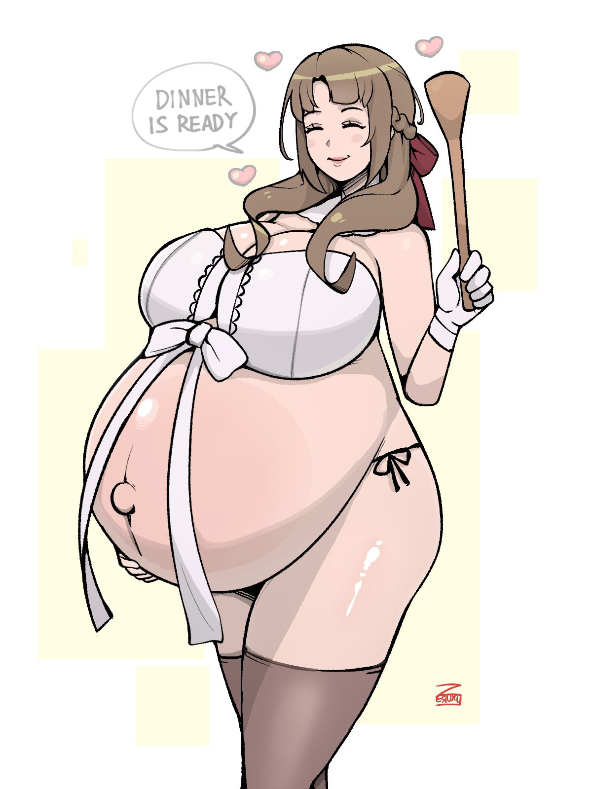 1girls, breasts, female, female only, gloves, huge belly, huge breasts, hyper belly, hyper pregnancy, oosuki mamako, pregnant, ready to pop, speech bubble, text, thighhighs, tsuujou kougeki ga zentai kougeki de ni-kai kougeki no okaasan wa suki desu ka?, zeruxu