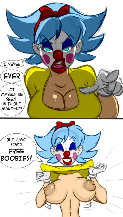 !, 1girls, aeolus06, angry, areola, bangs, bimbo, blush stickers, bouncing breasts, breasts, cleavage, closed eyes, clown, clown girl, clown makeup, clown nose, colored, comic, edited, english text, eyelashes, eyeshadow, female, female only, flashing, giggles the slutty clown, gloves, hair ribbon, hairband, hairbow, hourglass figure, huge breasts, human, lipstick, makeup, monochrome, nipples, no bra, original character, pointing, puffy nipples, shirt lift, short hair, smile, solo, speech bubble, text