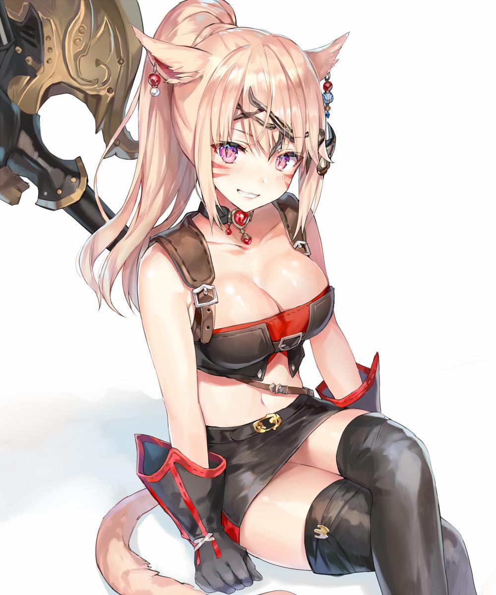 1girls, animal ears, blonde hair, cat ears, cat girl, catgirl, cleavage, female, final fantasy, final fantasy xiv, full body, fully clothed, miqo'te, oc, ponytail, sitting, skirt, smirk