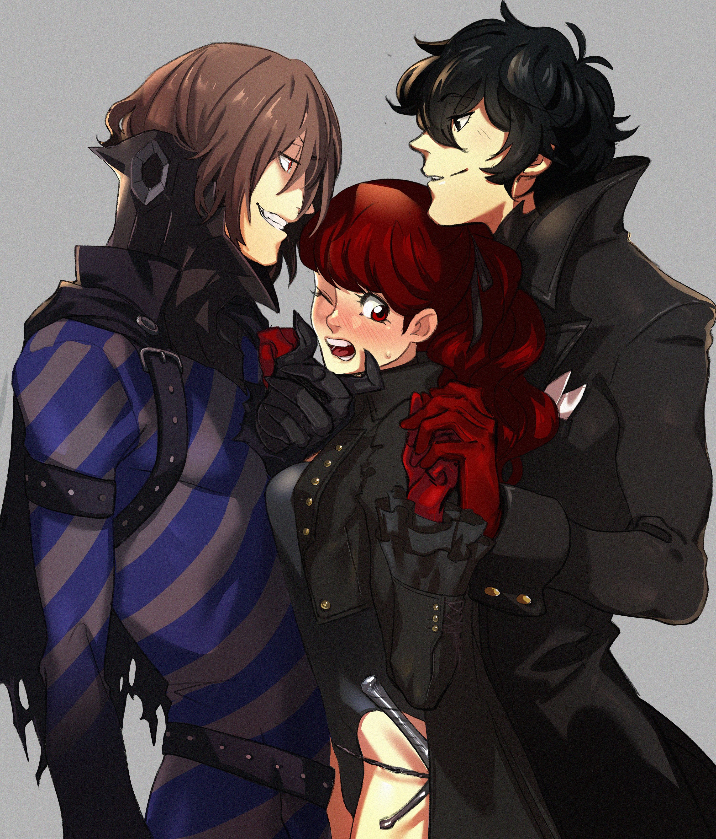 1girls, 2boys, akira kurusu, black eyes, black hair, brown hair, female, goro akechi, grey background, grin, joker (persona), kasumi yoshizawa, kukumomo, male, mmf, mmf threesome, persona, persona 5, phantom thief suit, red eyes, red hair, ren amamiya, sandwiched, smirk, staring, sumire yoshizawa, tagme, threesome, unaware