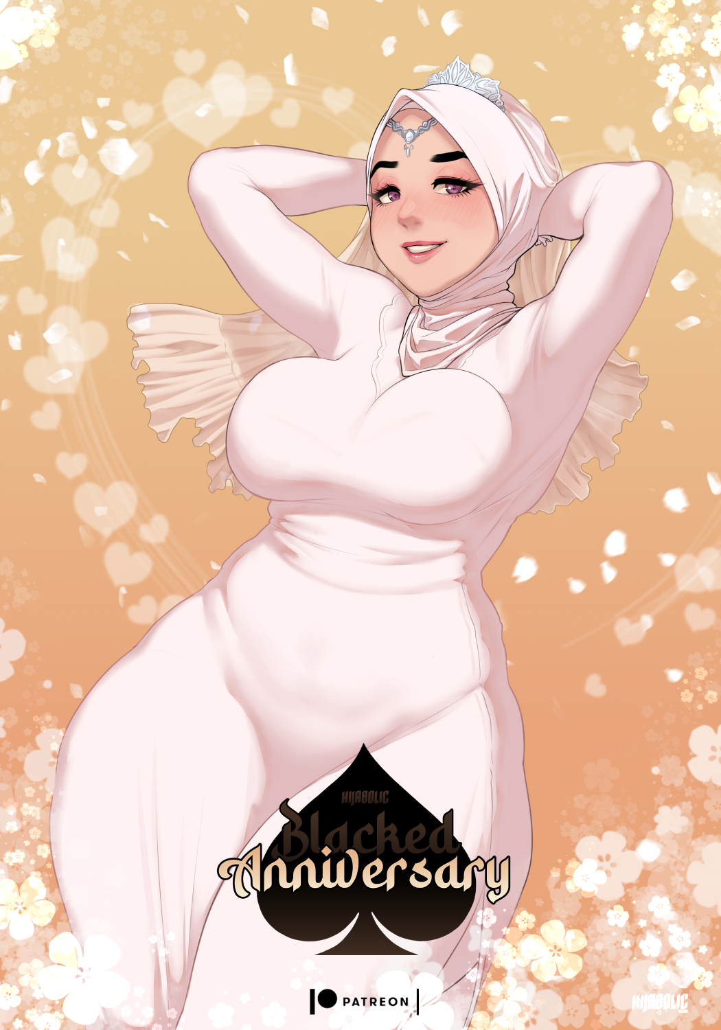 1girls, arms behind head, blacked, breasts, female, female only, heart, hijab, hijabolic, large breasts, light skin, light-skinned female, original, purple hair, queen of spades, solo, spade, tight clothing, voluptuous