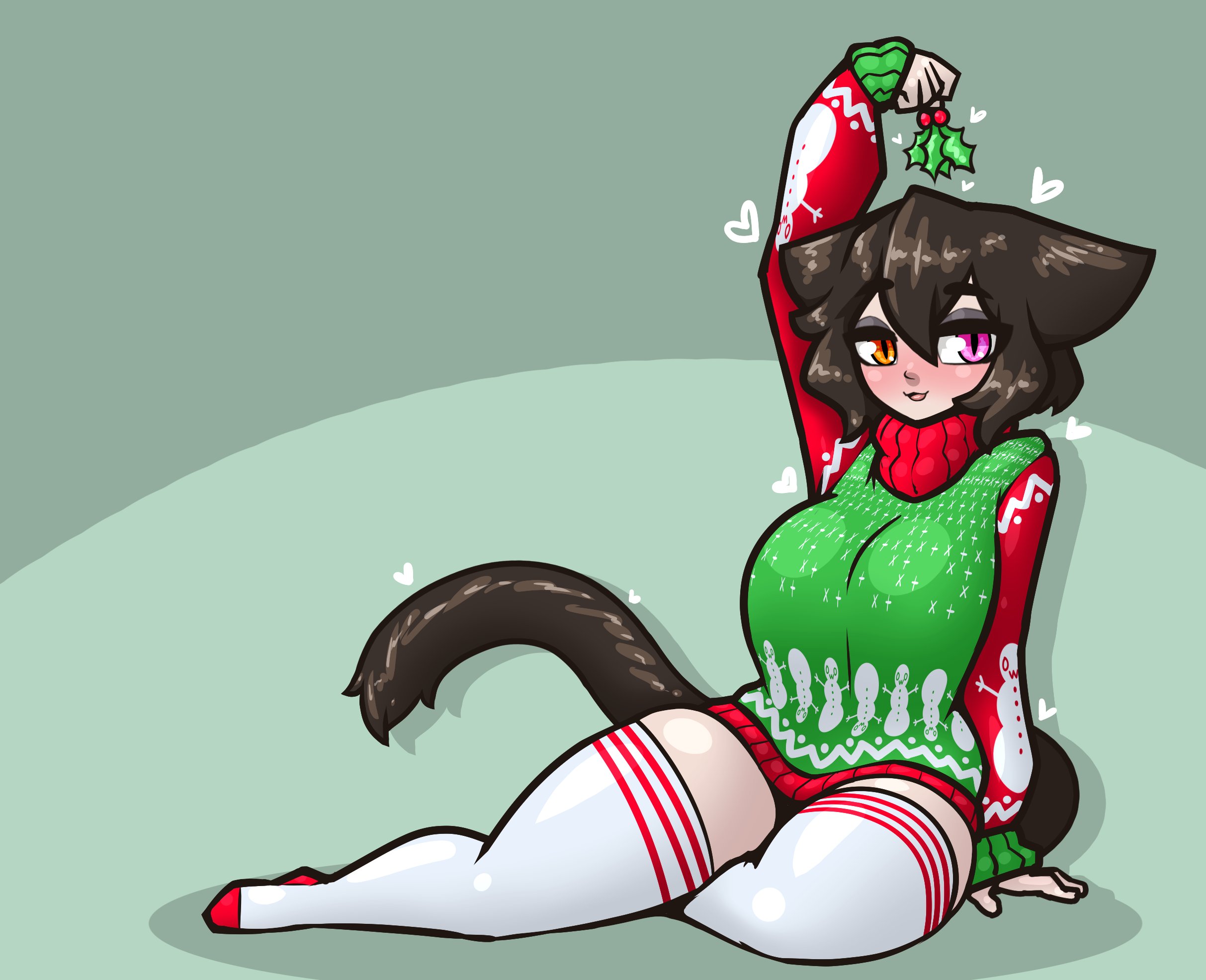 1girls, big breasts, breasts, cat girl, catgirl, christmas, cleavage, female, female only, large breasts, limebreaker, mistletoe, solo