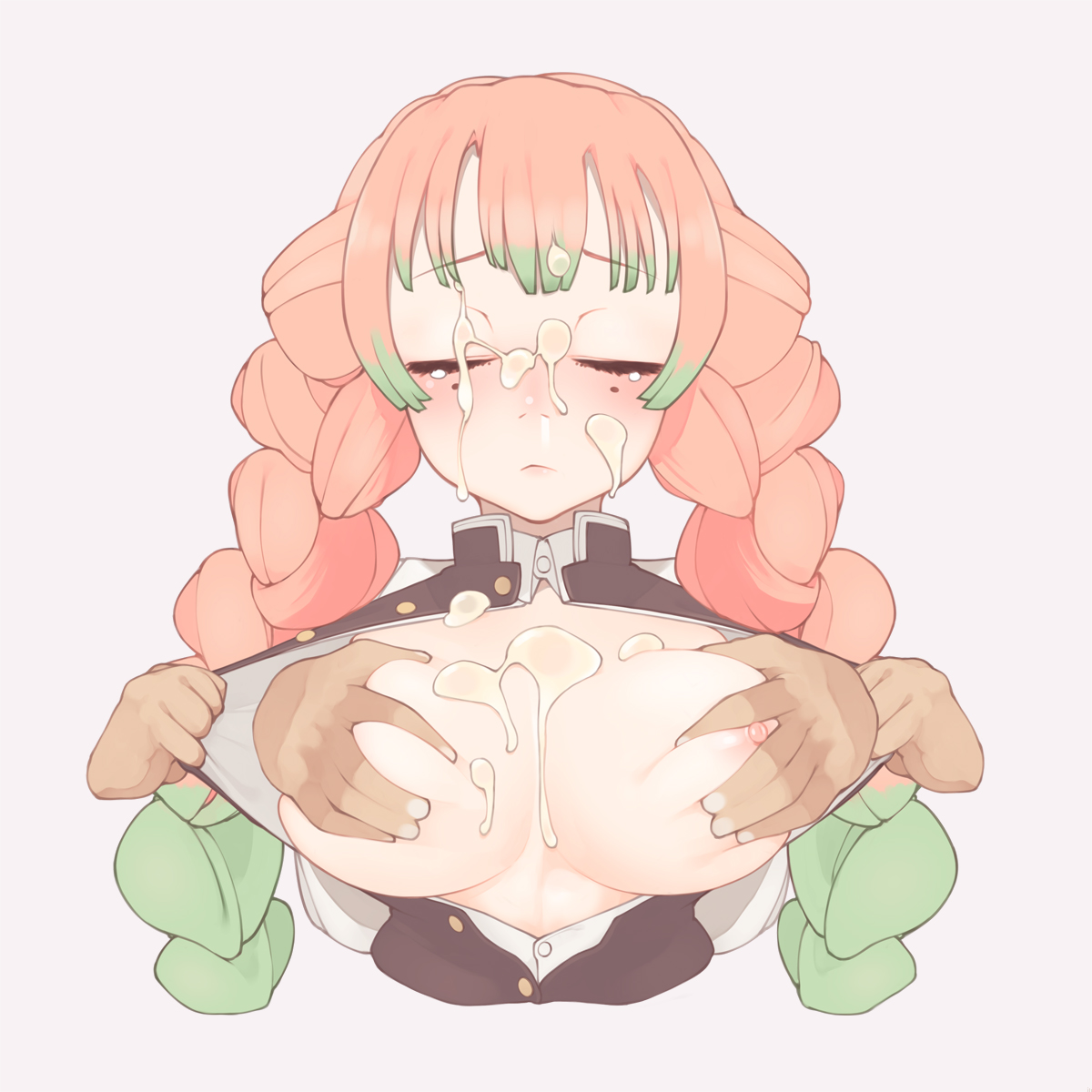 1girls, assisted exposure, bangs, big breasts, blush, braided hair, breast grab, breasts, cleavage, closed eyes, cum, cum on breasts, cum on face, dark skin, dark-skinned male, demon slayer, disembodied hands, female, groping, ilnes, kanroji mitsuri, kimetsu no yaiba, long hair, male, mole under eye, no bra, open clothes, open shirt, pink hair, shirt pull, solo focus, tears, two-tone hair, uniform, upper body