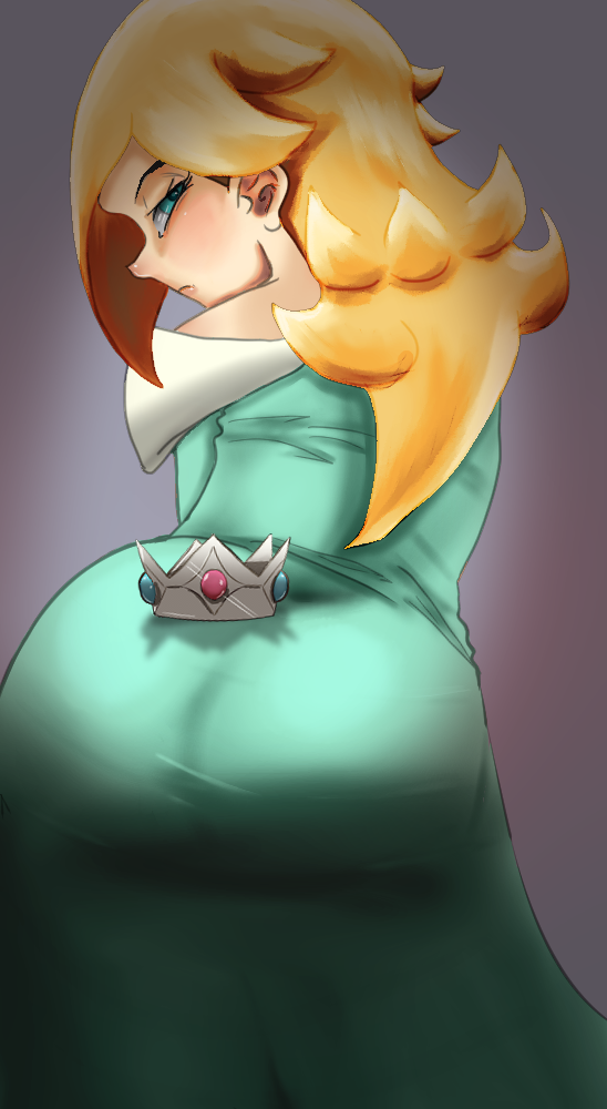 1girls 2thpick ass big_ass blonde_hair blue_eyes clothes_match_eye_color clothing crown dress female female_focus female_only from_behind huge_ass looking_at_viewer mario_(series) nintendo object_on_ass princess_rosalina solo solo_focus super_mario_galaxy thick_ass thick_thighs