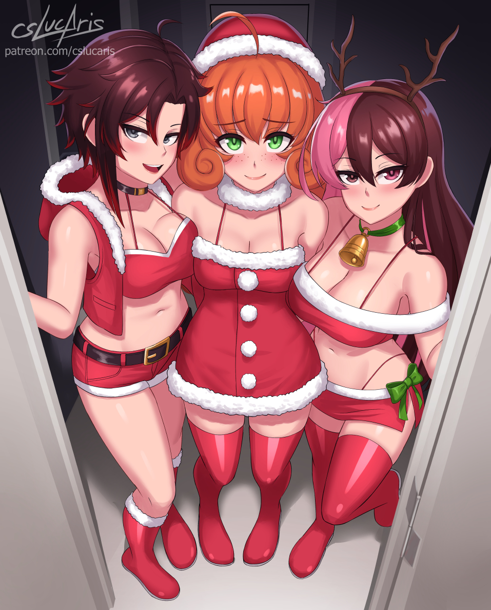 3girls bell christmas christmas_outfit cleavage collar cslucaris female female_only green_eyes grey_eyes hat human looking_at_viewer multicolored_hair neo_(rwby) orange_hair penny_polendina pov pov_doorway red_hair reindeer_antlers ruby_rose rwby santa_hat thighhighs