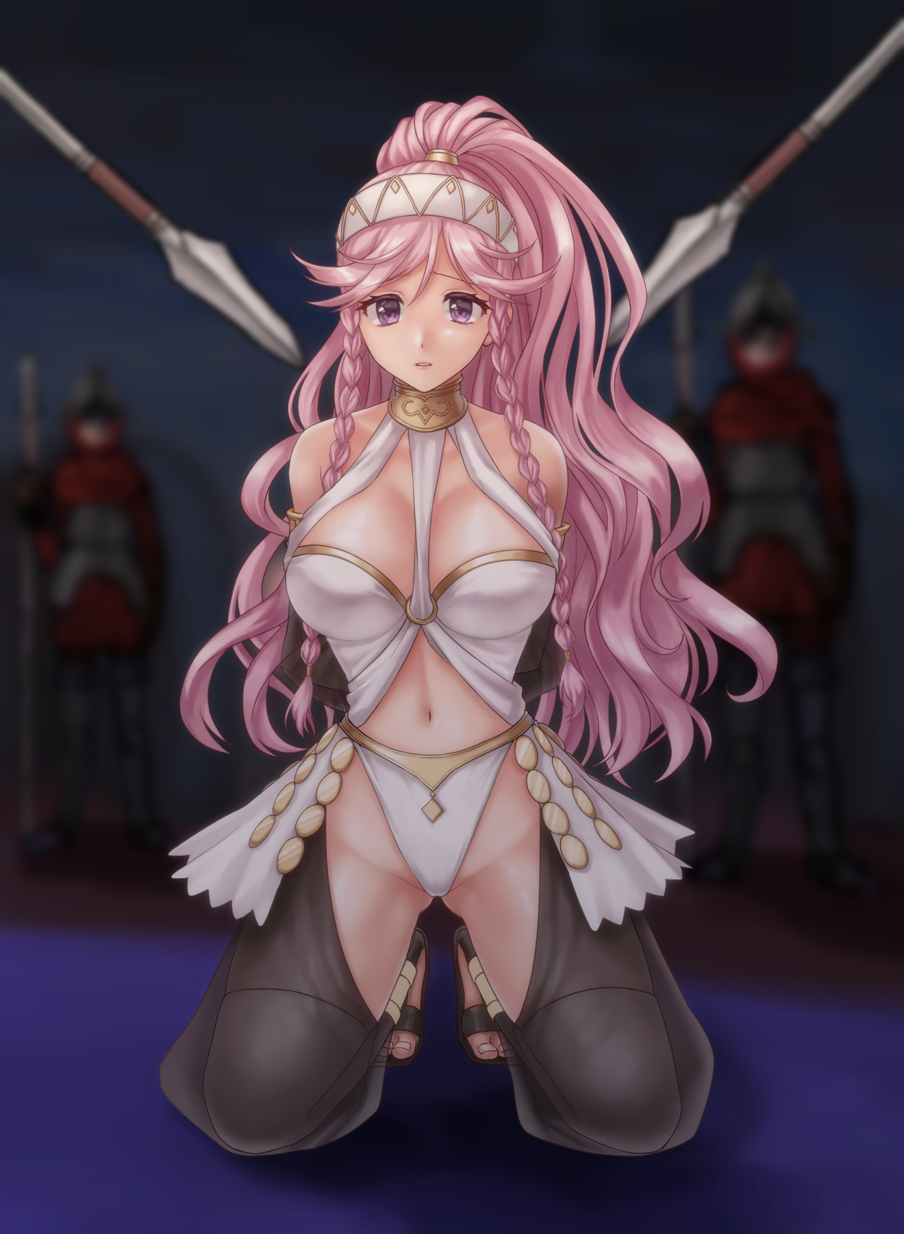 1girls, 2boys, 2d (artwork), armlet, arms behind back, bare shoulders, blurry, blurry background, bondage, braid, breasts, choker, cleavage, collarbone, dancer, depth of field, female, female focus, femsub, fire emblem, fire emblem awakening, groin, hairband, hazuki (nyorosuke), highres, kneeling, large breasts, long hair, male, midriff, multiple boys, multiple males, navel, nintendo, olivia (fire emblem), panties, pink hair, polearm, purple eyes, restrained, revealing clothes, see-through, solo focus, spear, thighhighs, twin braids, weapon, white panties