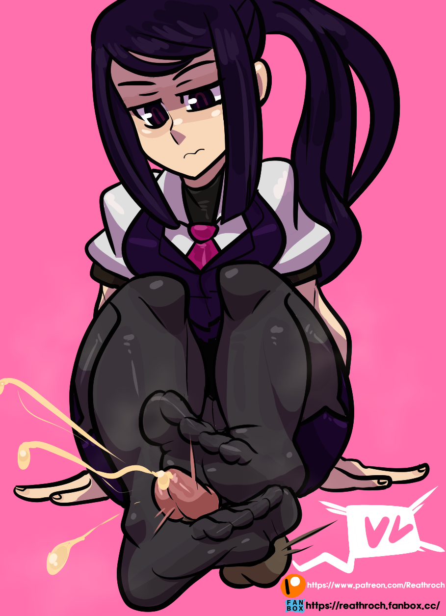 brown eyes, cum, cumming, feet, female, foot fetish, footjob, footjob with legwear, julianne stingray, male, no shoes, penis, reathroch, socks, thighhighs, va-11 hall-a, video games